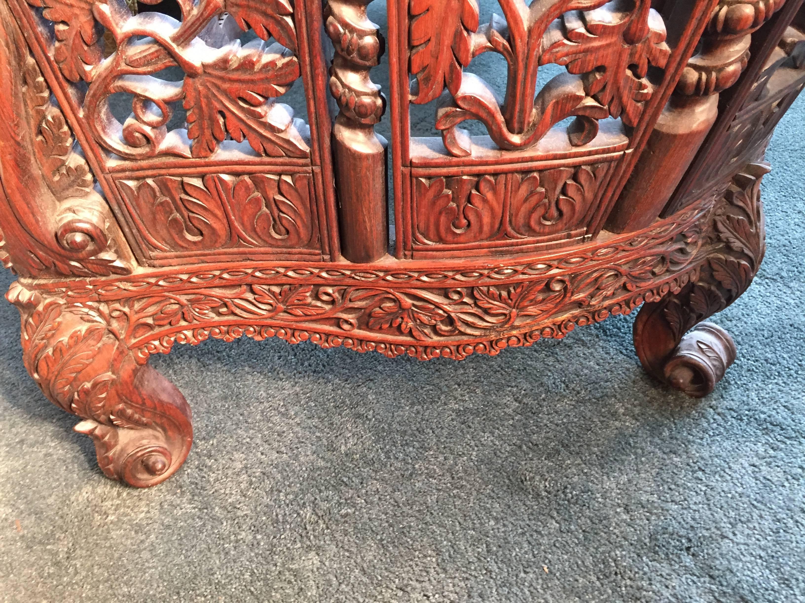 Anglo-Indian Wood Settee Prolific Flowers and Grape Design 19th century.   1