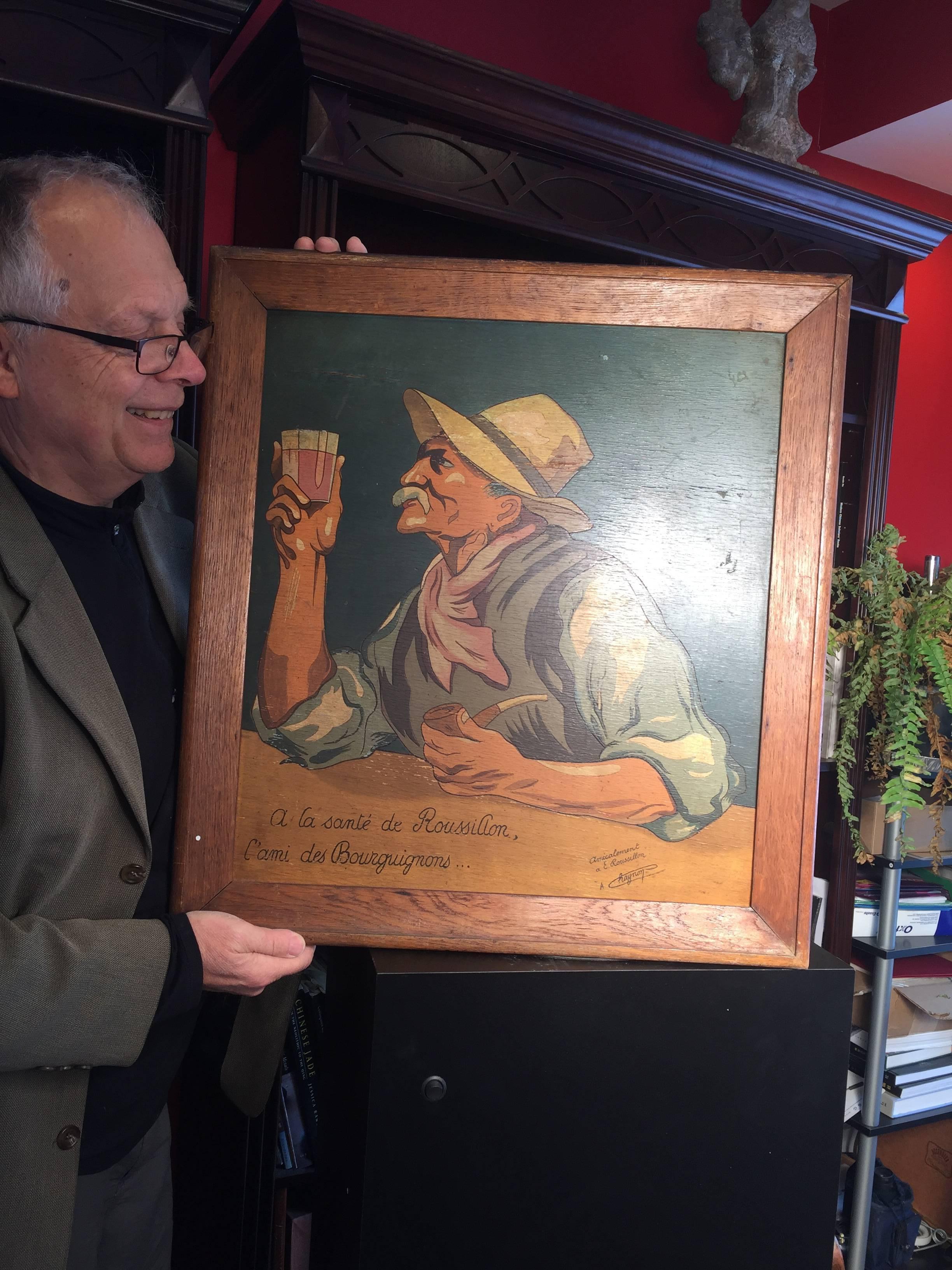 This is a large and wonderful French Modern / Art Deco hand incised and painted on wood panel of a Burgundy wine toast to a dear friend, signed in wood burned pyrography: A. Chagnon.

It is in its original oak frame. Very nice condition.

The