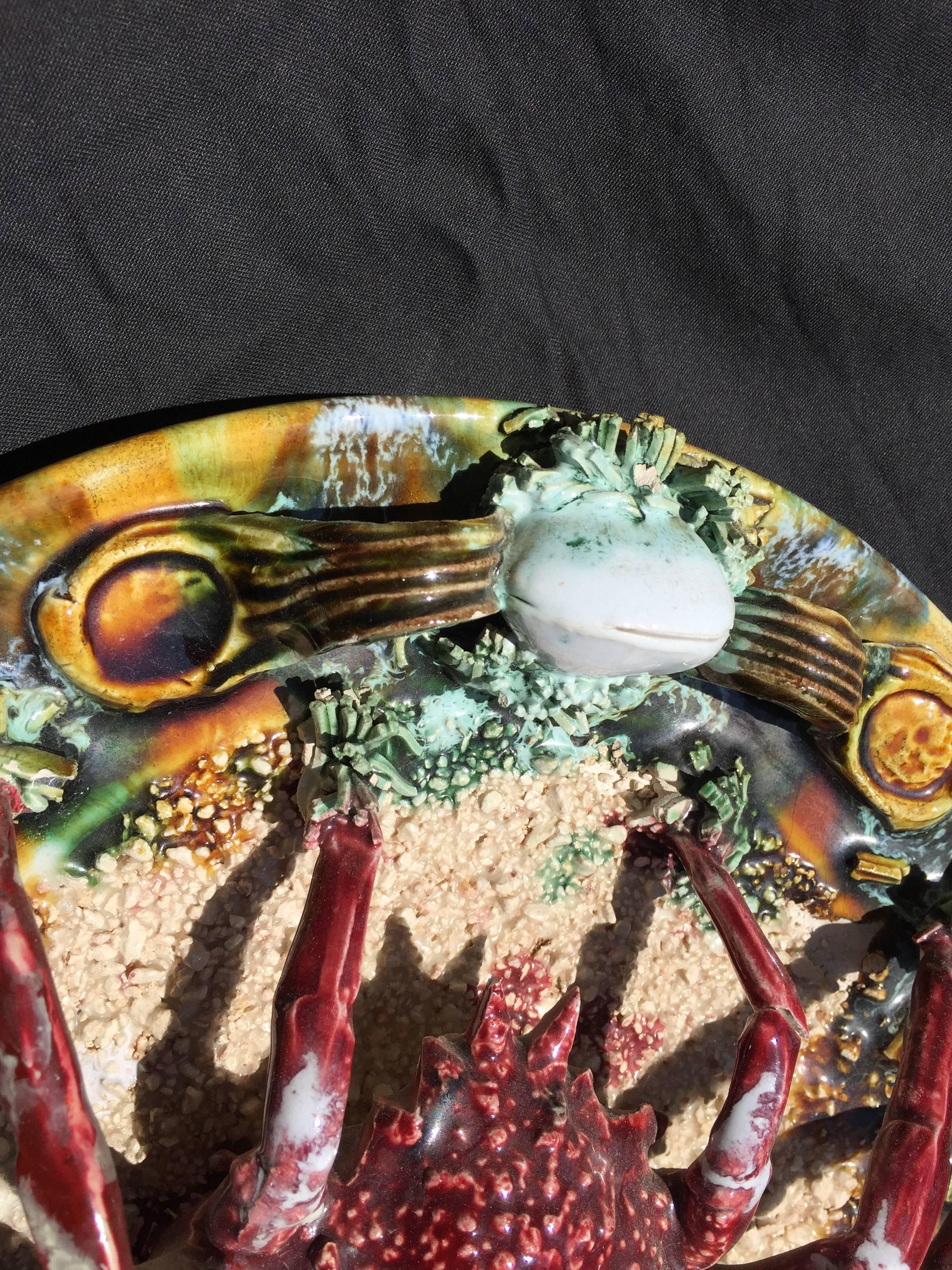 French Crab Colorful Raised Relief Nautical Ceramic Plate, Palissy, circa 1920-1940
