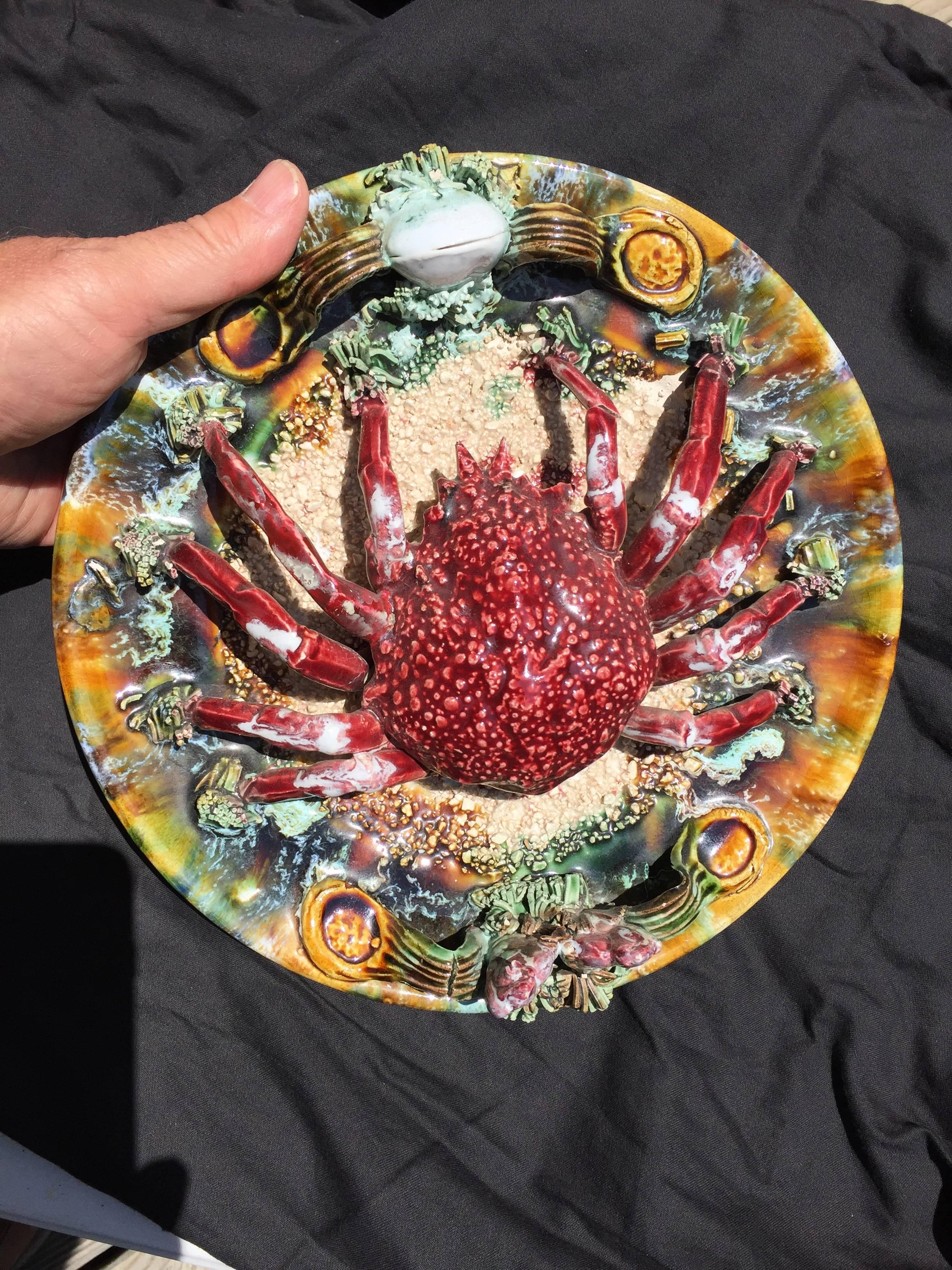 Glazed Crab Colorful Raised Relief Nautical Ceramic Plate, Palissy, circa 1920-1940