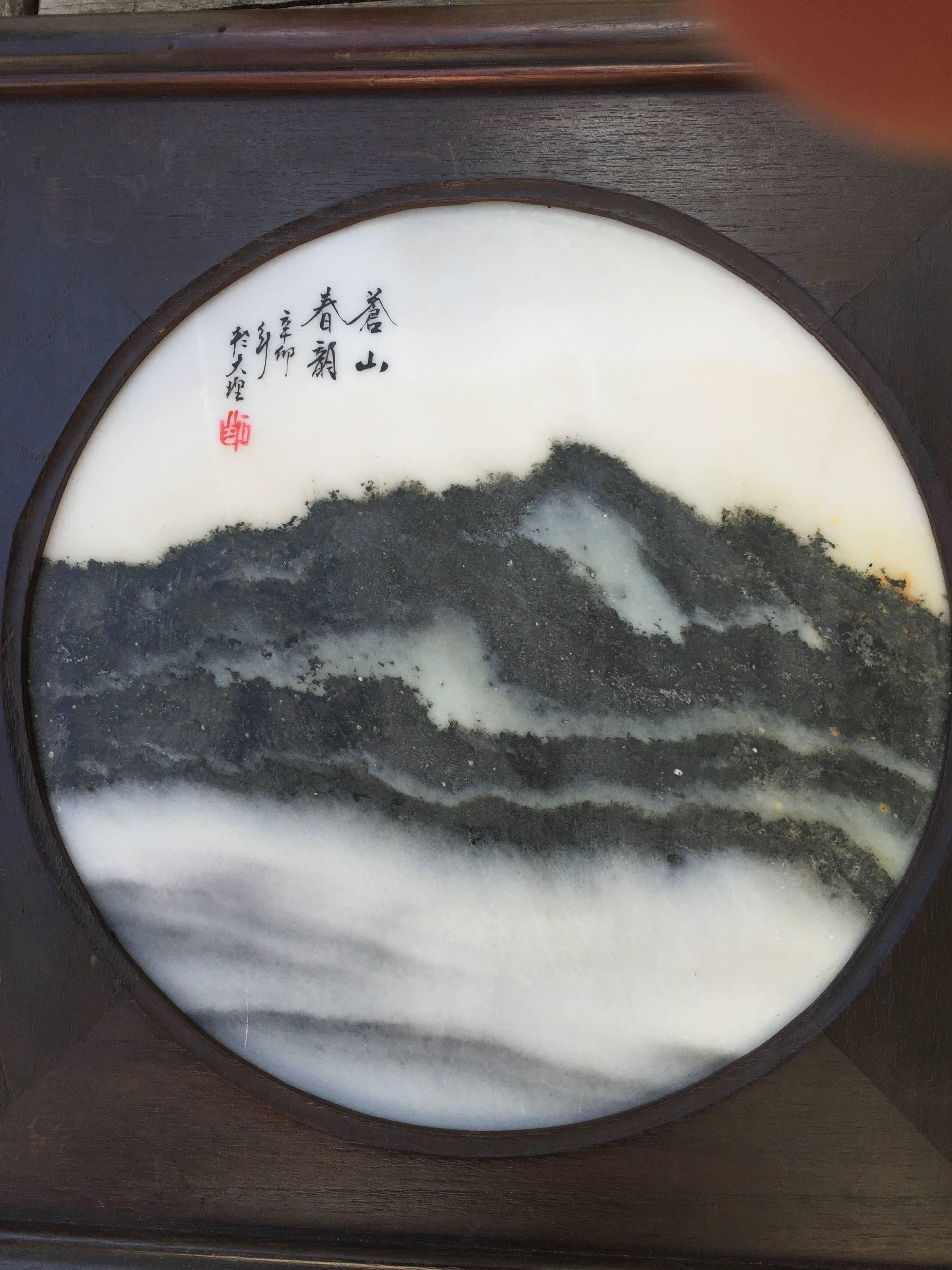 This Chinese extraordinary natural stone painting of a green mountain peak, also called a dreamstone, is cut from historic Dali marble, known for incredible fantastic natural landscapes caused from mineral inclusions, and cut by local Yunnan