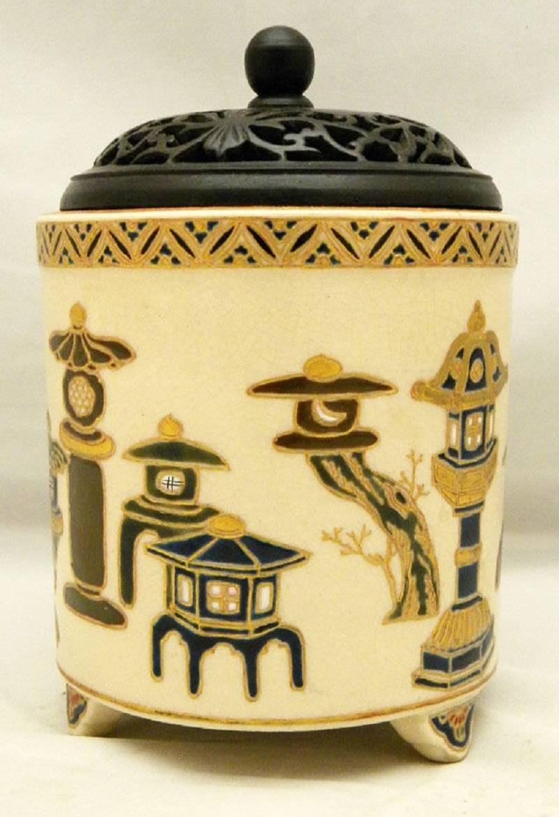 Edo Japanese 1850 Satsuma Hand-Painted Lantern Pagoda Blue Glaze Censer