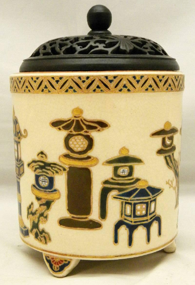 Japanese 1850 Satsuma Hand-Painted Lantern Pagoda Blue Glaze Censer In Excellent Condition In South Burlington, VT