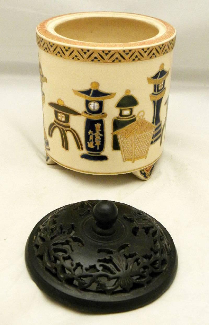Ceramic Japanese 1850 Satsuma Hand-Painted Lantern Pagoda Blue Glaze Censer