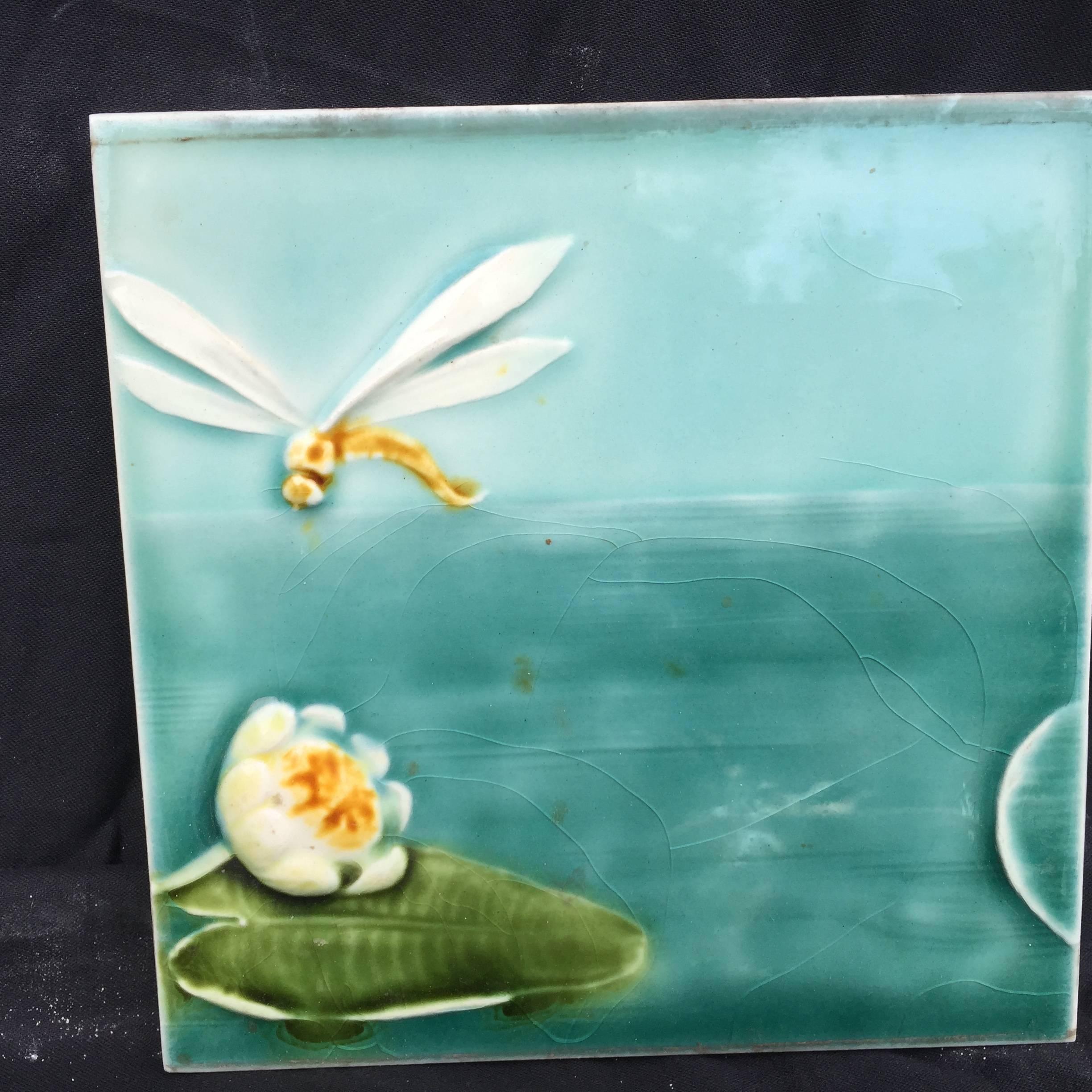 Glazed Swan, Dragonfly and Lotus Art Nouveau Tile Collection, Beautiful Blue  FREE SHIP