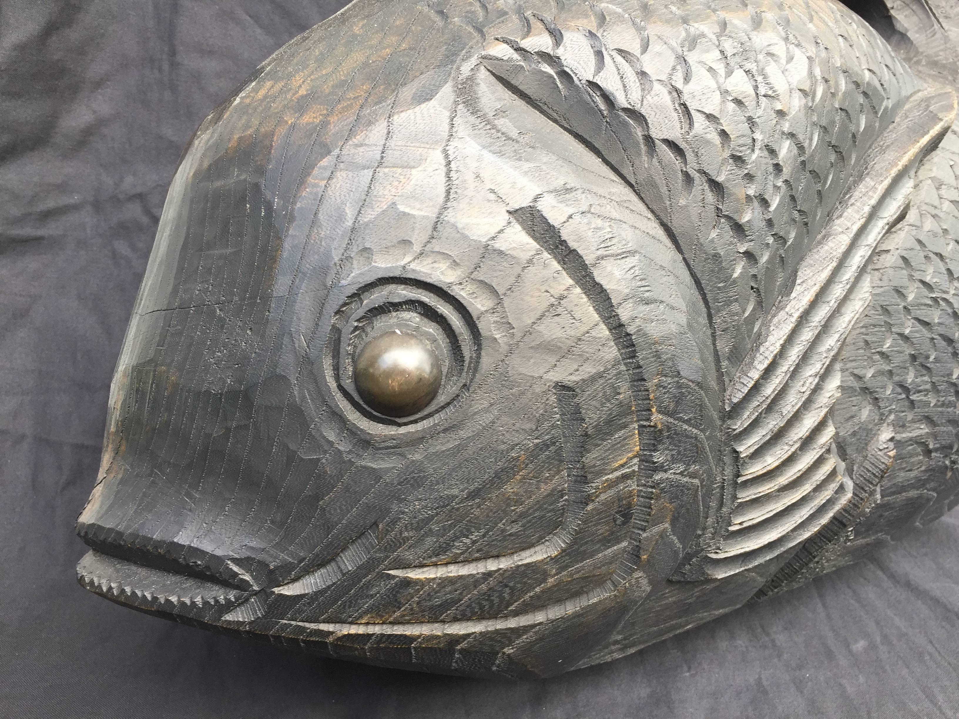 From Japan, a larger scale perfect display size of a Japanese hand-carved wooden Okimono (sculpture) of a Koi or snapper fish signed by artist Shinano kuni Inashi. 

Big beefy sculpture. Lovely carving for the most discriminating collection and