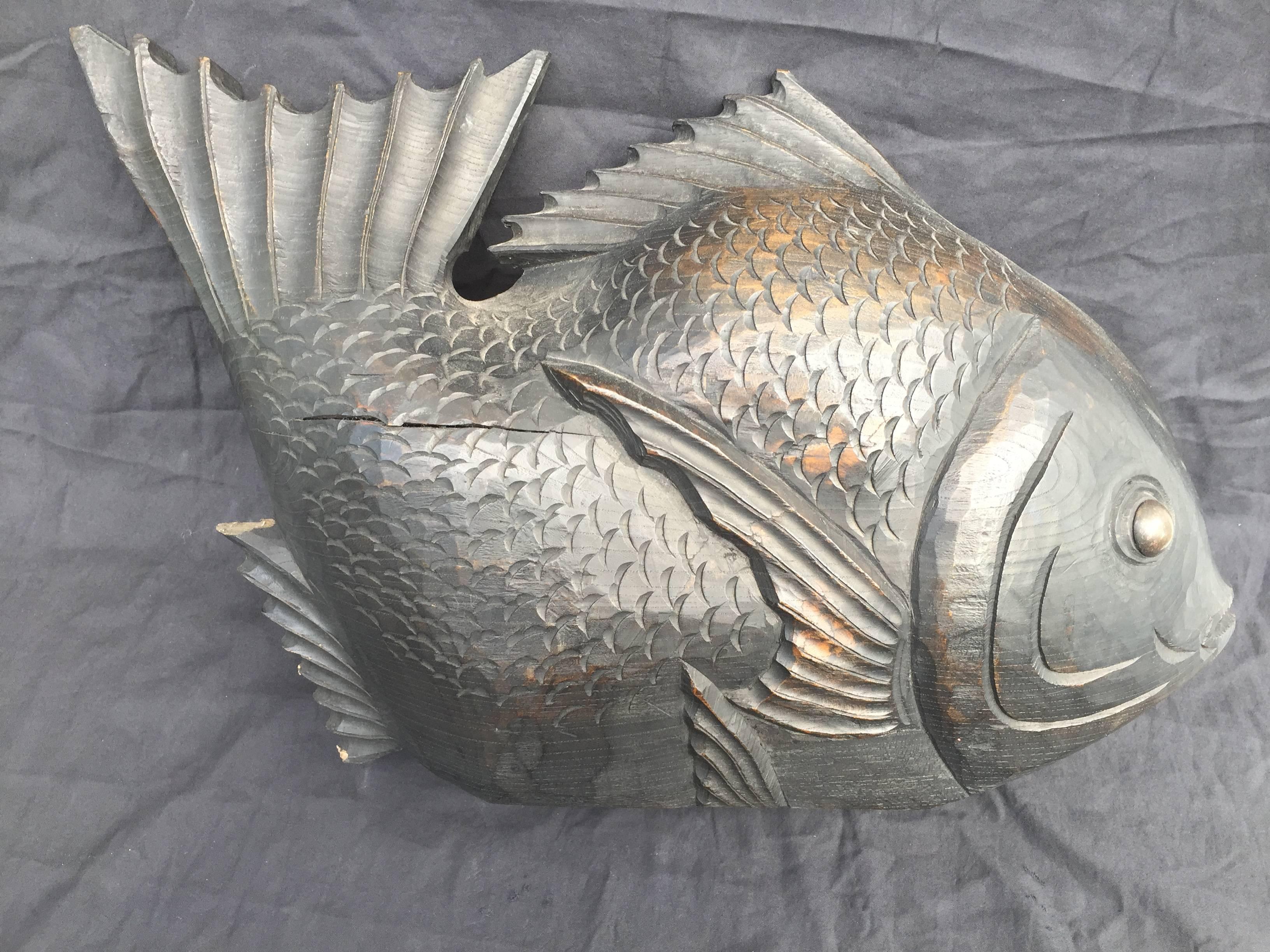 Japanese Japan Antique Hand-Carved Big Fish Koi Snapper, Artisan Signed