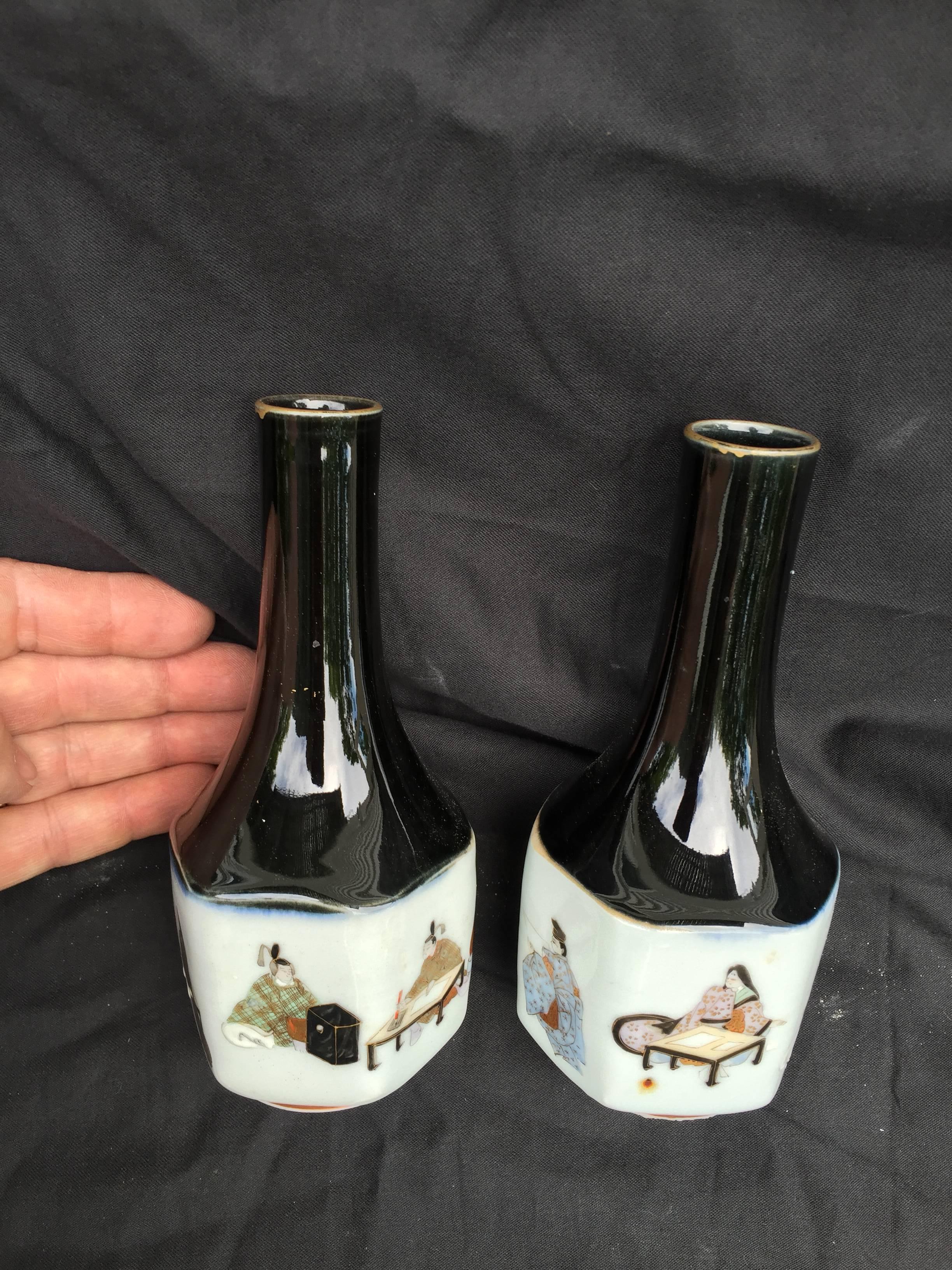 Porcelain Pair 19c. Superb Japanese Fine Hand-Painted Gilt Sake Bottles  FREE SHIPPING