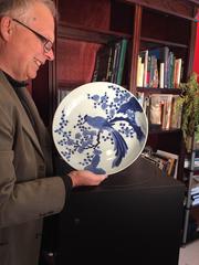 Japan Large Antique Hand-Painted Blue & White Porcelain BIRD Charger