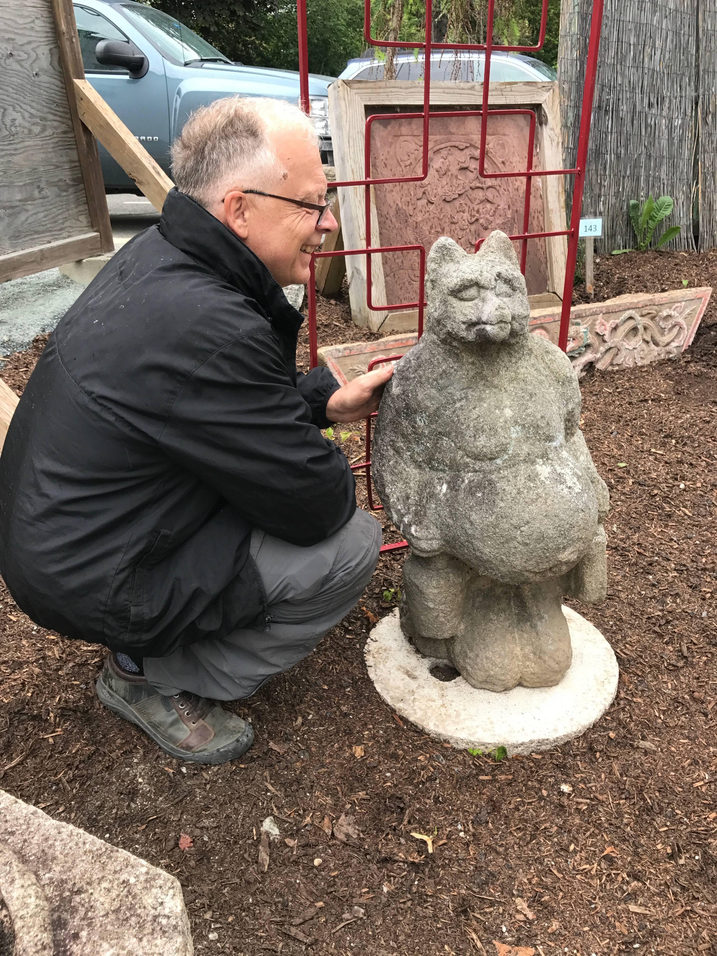 Japan, this rare museum quality one-of-a-kind big belly stone bear (actually a Folk Art hero raccoon dog, Tanuki) awaits placement in your favorite garden or indoor space!   He's a noted sake loving trickster and party animal with a mischievous