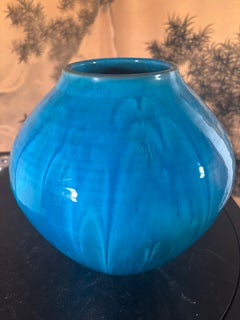 Jarrón japonés vintage de turquesa brillante, esmaltado a mano con forma de melón, firmado