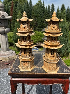 Mid-20th Century Chinese Hand-Painted Watch Tower Lanterns, Rare Pair