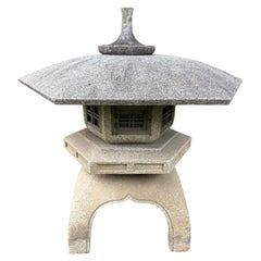 Japan Rare Hand Carved Stone Yukimi Lantern with Arts And Crafts Wooden Details