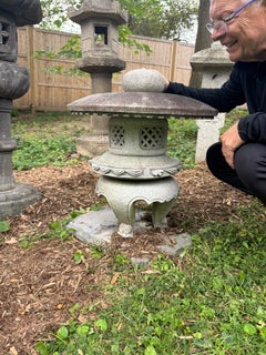 Japan Tall Granite Stone Round Top Yukimi Lantern With Special Trellis Carvings
