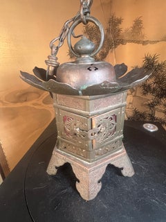 Japanese Tall Antique Bronze Temple Lantern With Red Panels, Meiji Period
