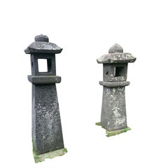 Japan Pair Antique Stone Sun And Moon Path Lanterns, Fine Patina 42 Inches