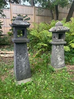Japan Pair Antique Stone Sun And Moon Path Lanterns, Fine Patina 42 Inches