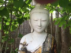 Joyful Seated Buddha Hand Carved Hand Lacquered 50"  good garden choice