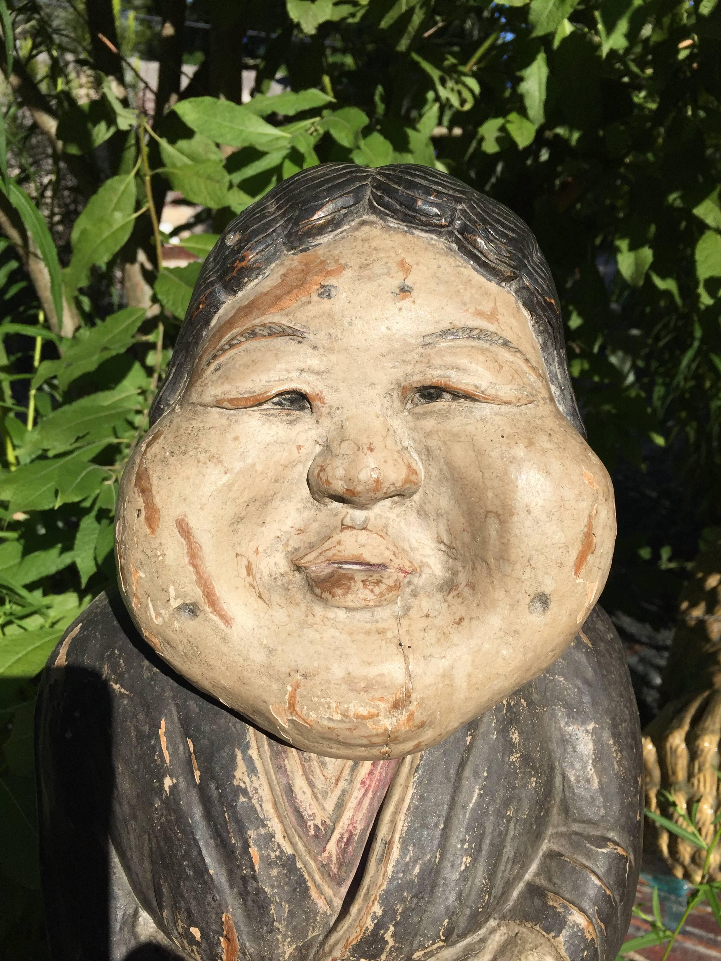 Meiji Japan Fine Old Hand carved Hand Painted Sculpture Okame 