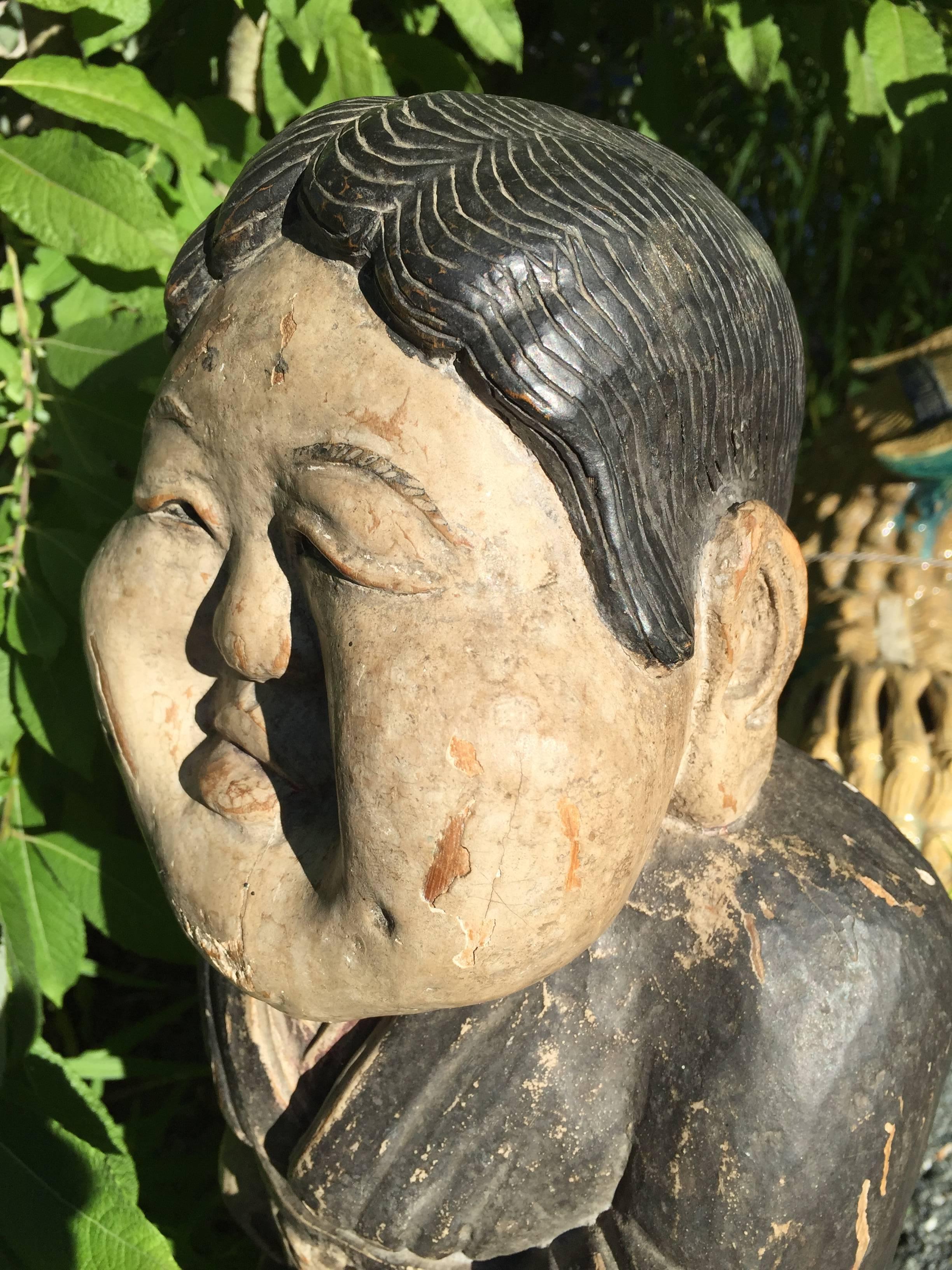Japanese Japan Fine Old Hand carved Hand Painted Sculpture Okame 