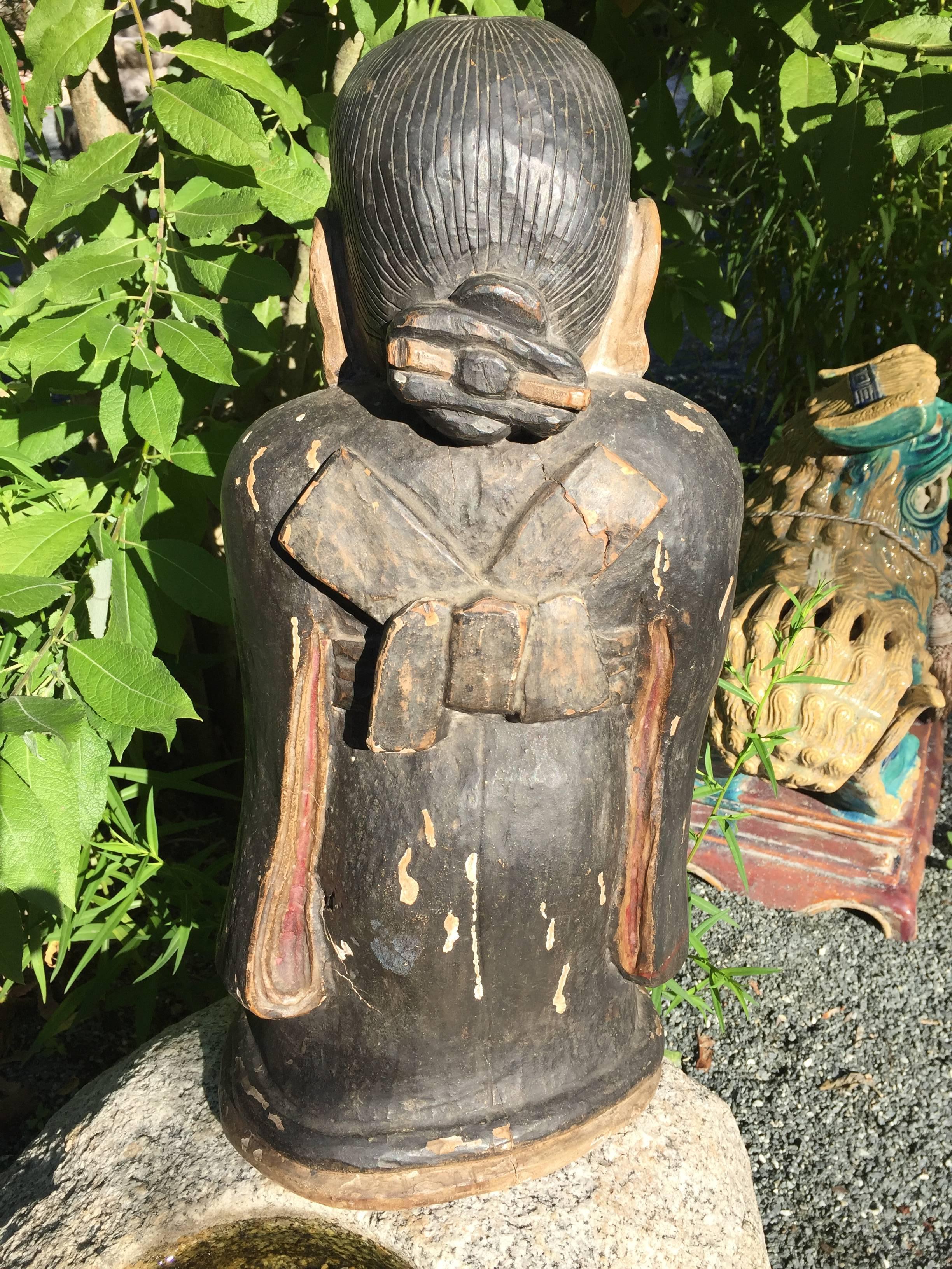 Hand-Carved Japan Fine Old Hand carved Hand Painted Sculpture Okame 