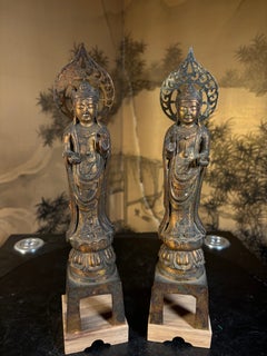 Antique Pair Bronze Kanon Guanyin Sculptures by Shohei, Gilt Finish, Japan
