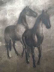 Japan Silver Leaf Two-Panel Screen Grazing Horses, Taisho Period