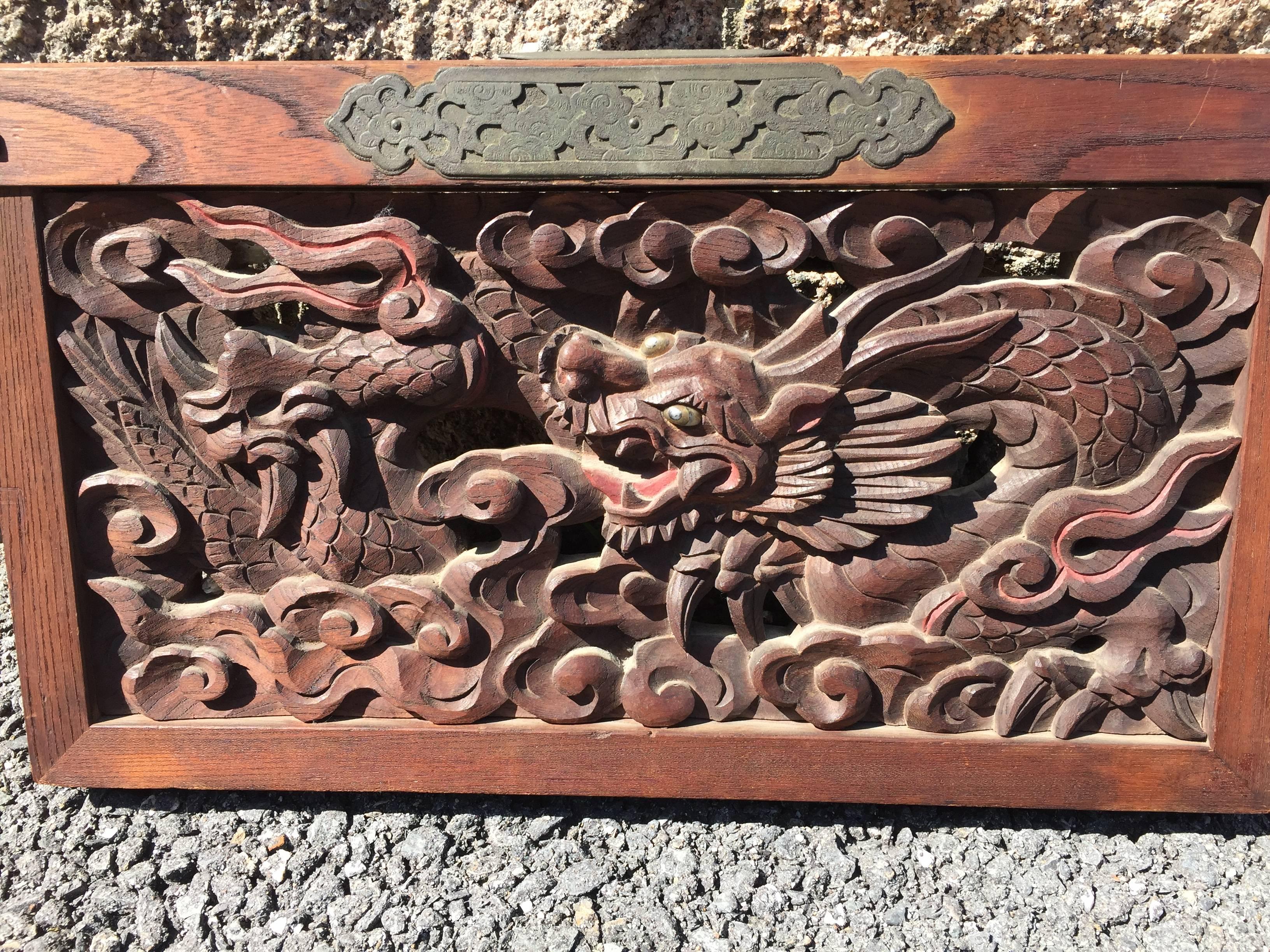 Taisho Japan Pair Antique Hand-Carved Dragon and Tiger Temple Carving Garden Ornaments 