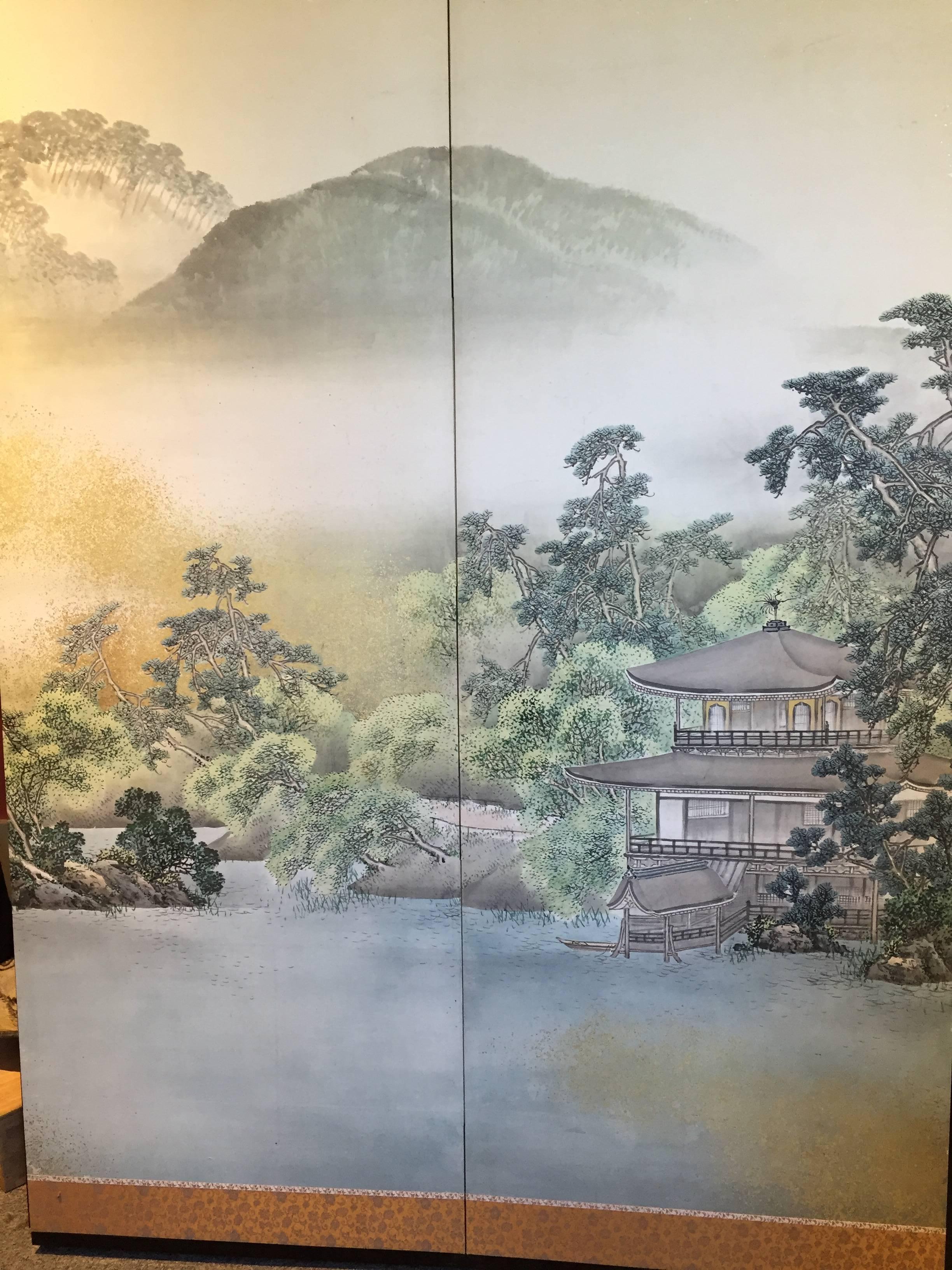 Taisho Japanese Antique SUMMER MIST MOUNTAINSIDE fine Silk Screen, 1921