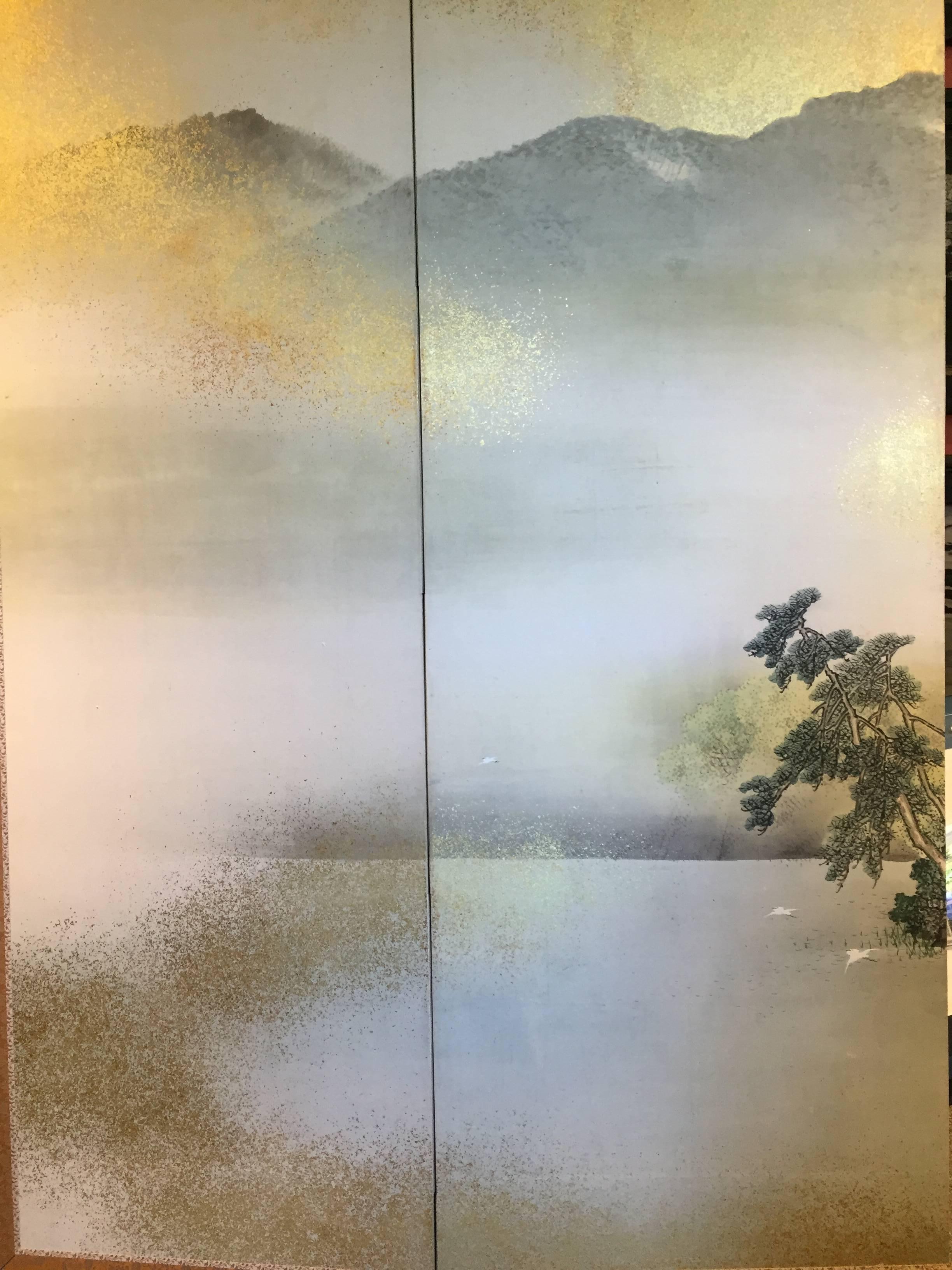 Hand-Painted Japanese Antique SUMMER MIST MOUNTAINSIDE fine Silk Screen, 1921