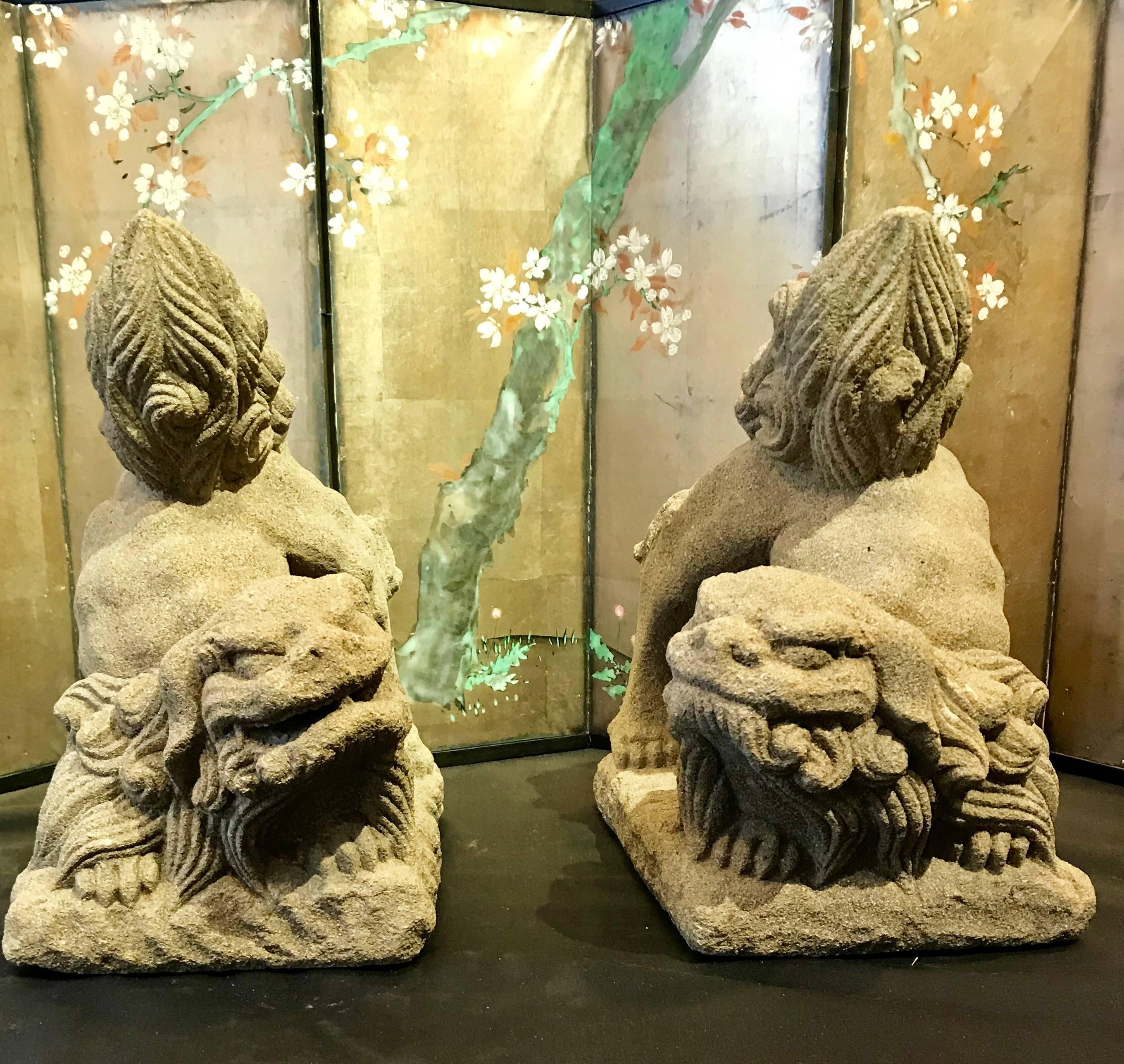 Japan fine pair old Edo mid-19th century period hand carved sand stone Yokohama Komainu Lion-dog temple guardians. 

Excellent condition. 

Dimensions: 13 inches high.

Hand carved sand stone, convenient portable size. Hard to find.

Only one pair