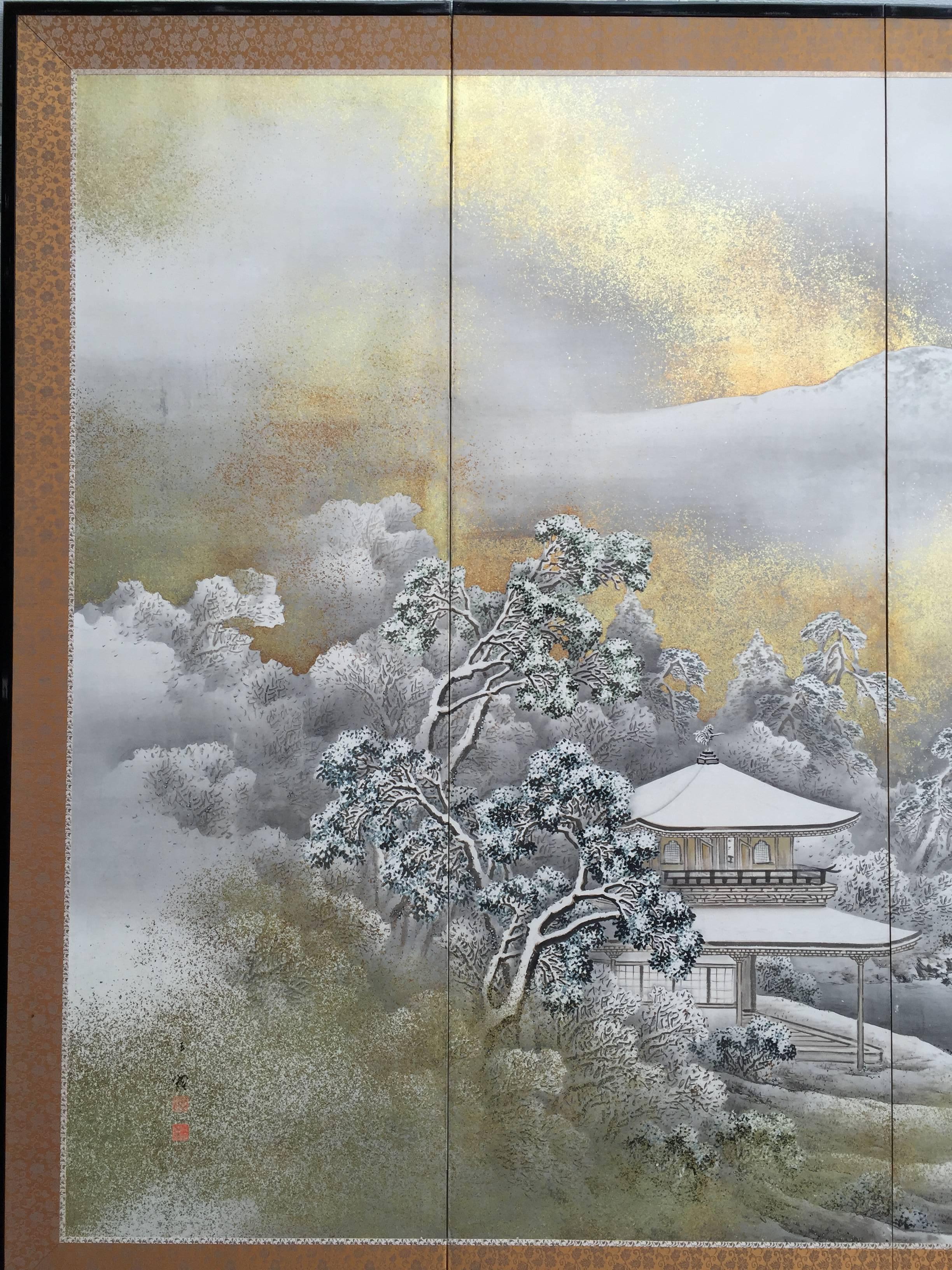 Japanese Japan Mountain Country Home Six-Panel Silk Screen, Hasegawa Gyokujun, Fine