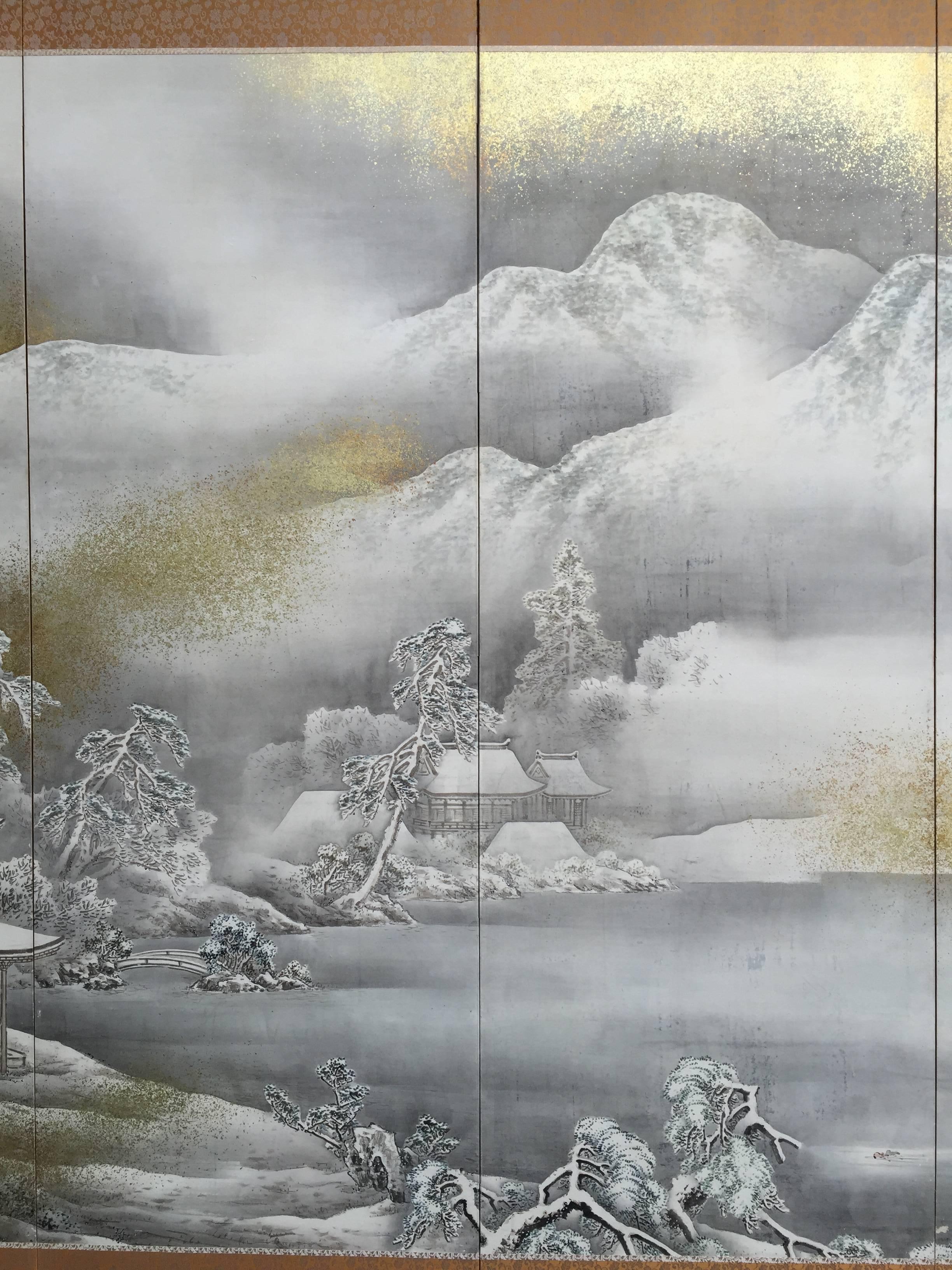 Hand-Painted Japan Mountain Country Home Six-Panel Silk Screen, Hasegawa Gyokujun, Fine