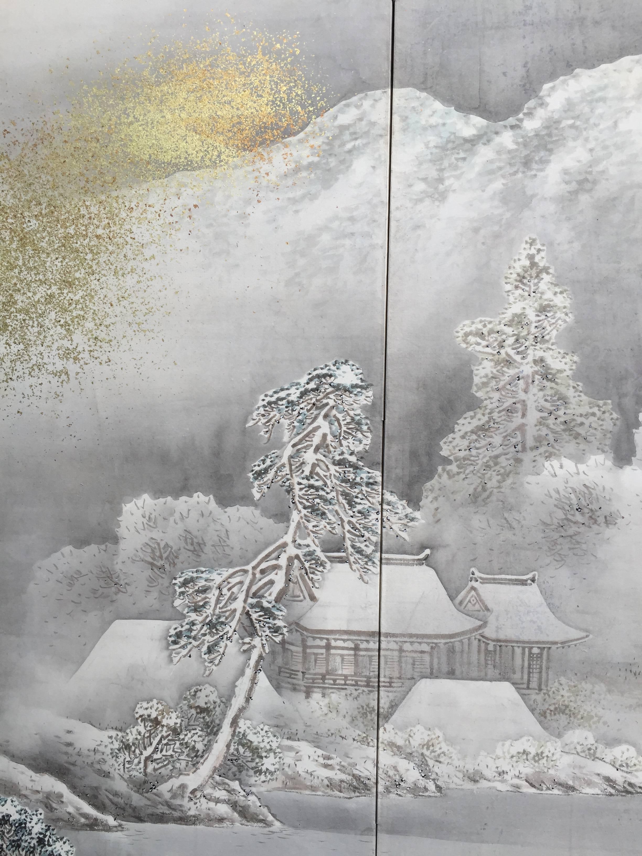 20th Century Japan Mountain Country Home Six-Panel Silk Screen, Hasegawa Gyokujun, Fine
