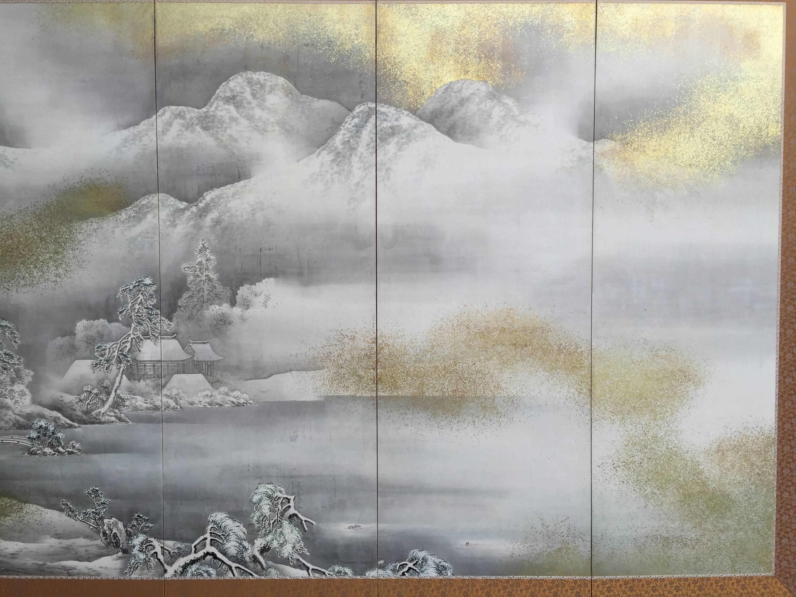 Taisho Japan Mountain Country Home Six-Panel Silk Screen, Hasegawa Gyokujun, Fine