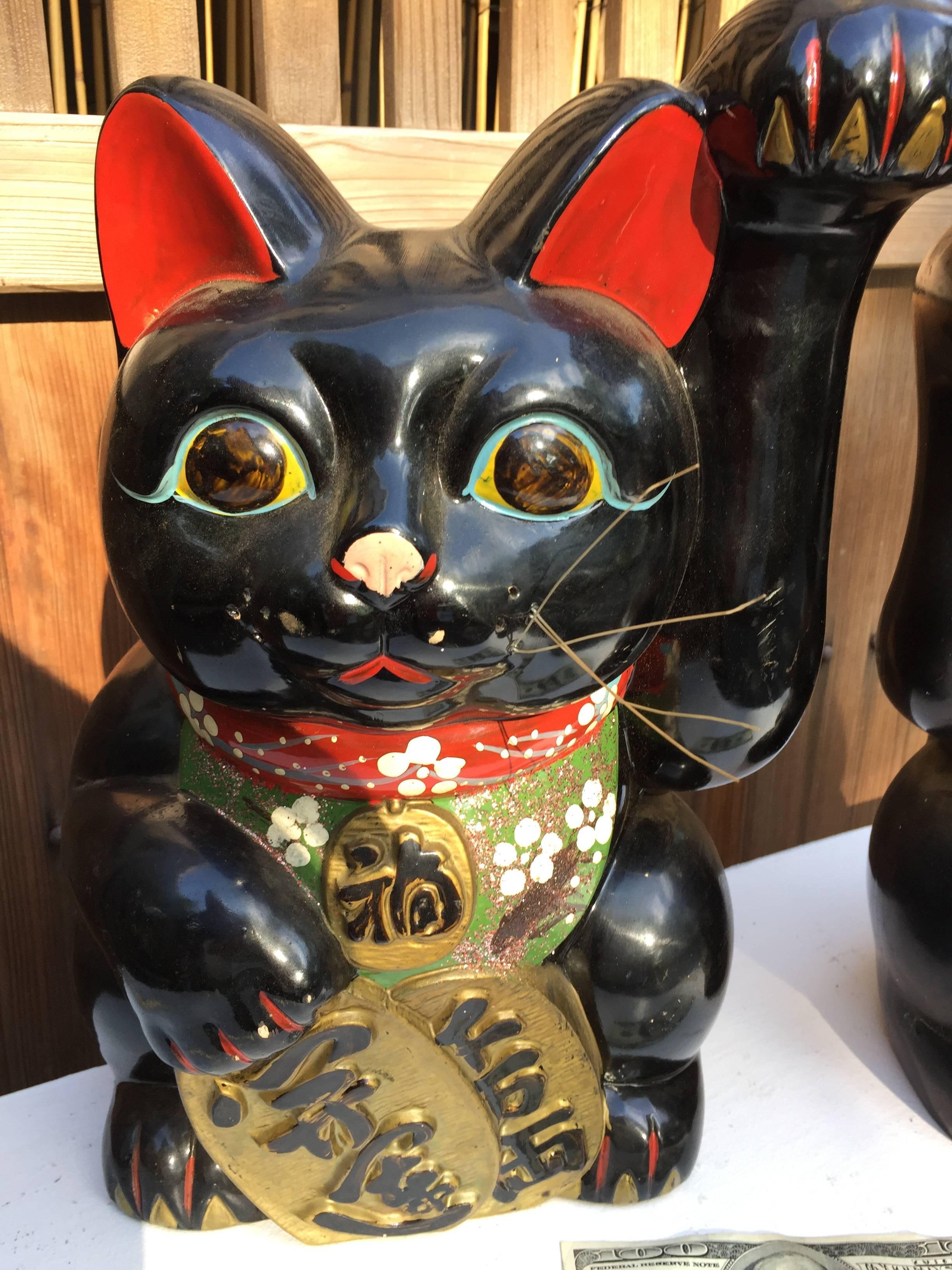 Japan, a lovely pair monumental old ceramic Maneki neko 