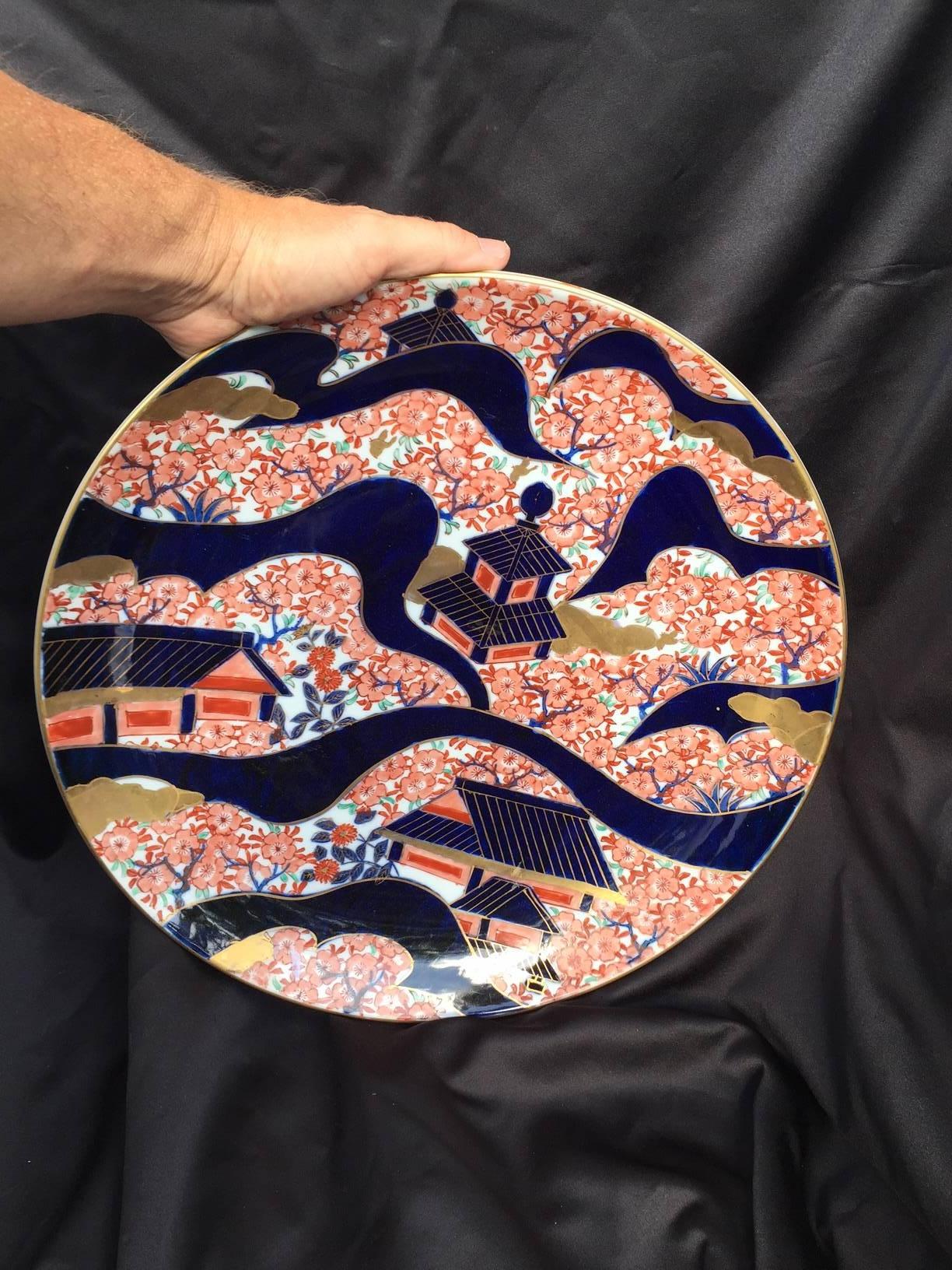 Stunning Japanese Hand made hand glazed Cobalt Charger  Cherry Blossoms  In Excellent Condition In South Burlington, VT