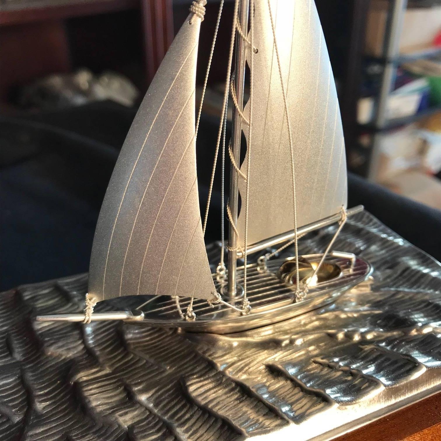 Japan Handmade Sterling Silver Yachting Sailing Vessel Mint, Signed and Boxed In Excellent Condition In South Burlington, VT