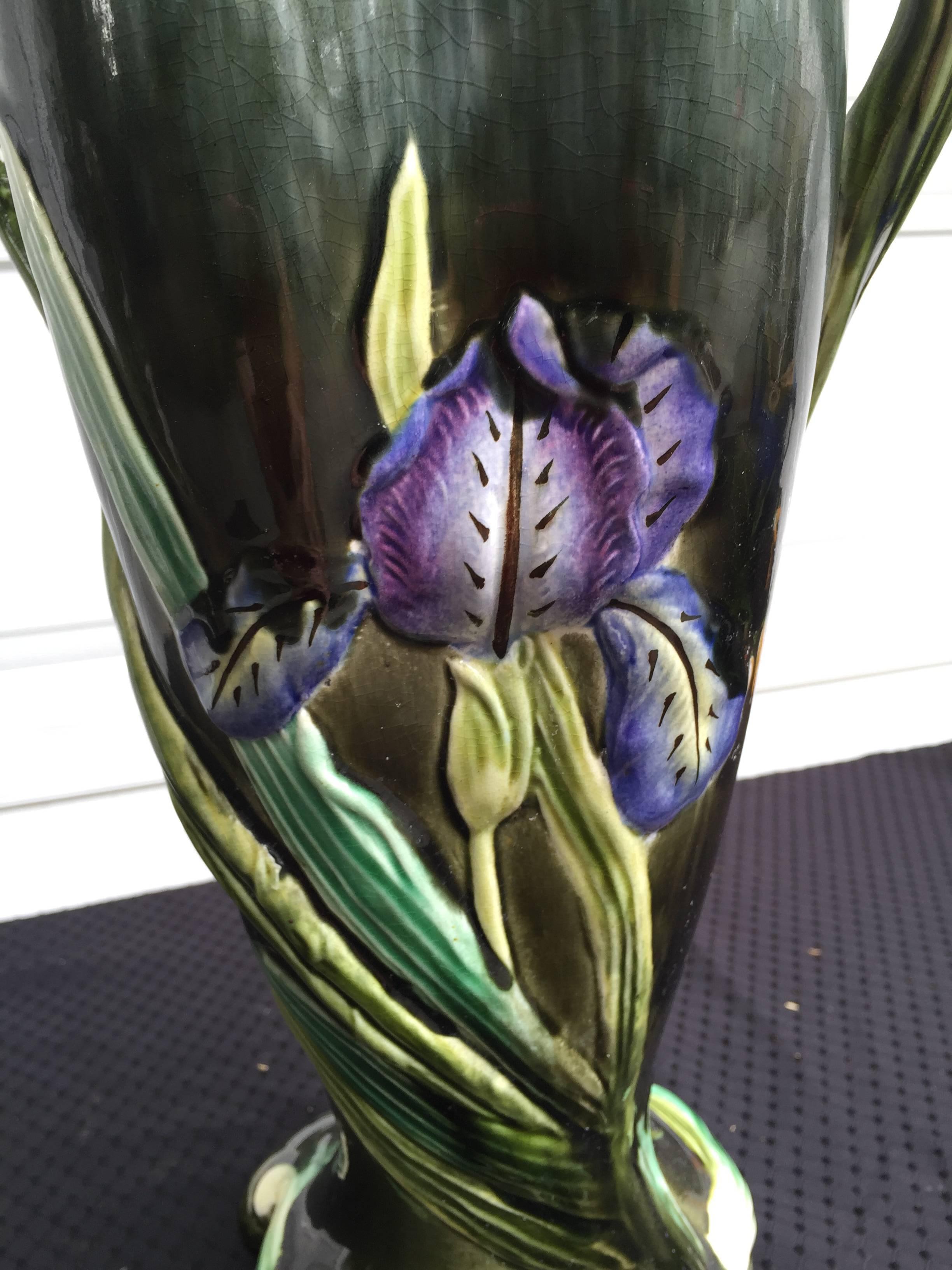 19th Century Pretty Antique Handmade Hand Glazed Ceramic Iris Vase in Green Blue Tones 