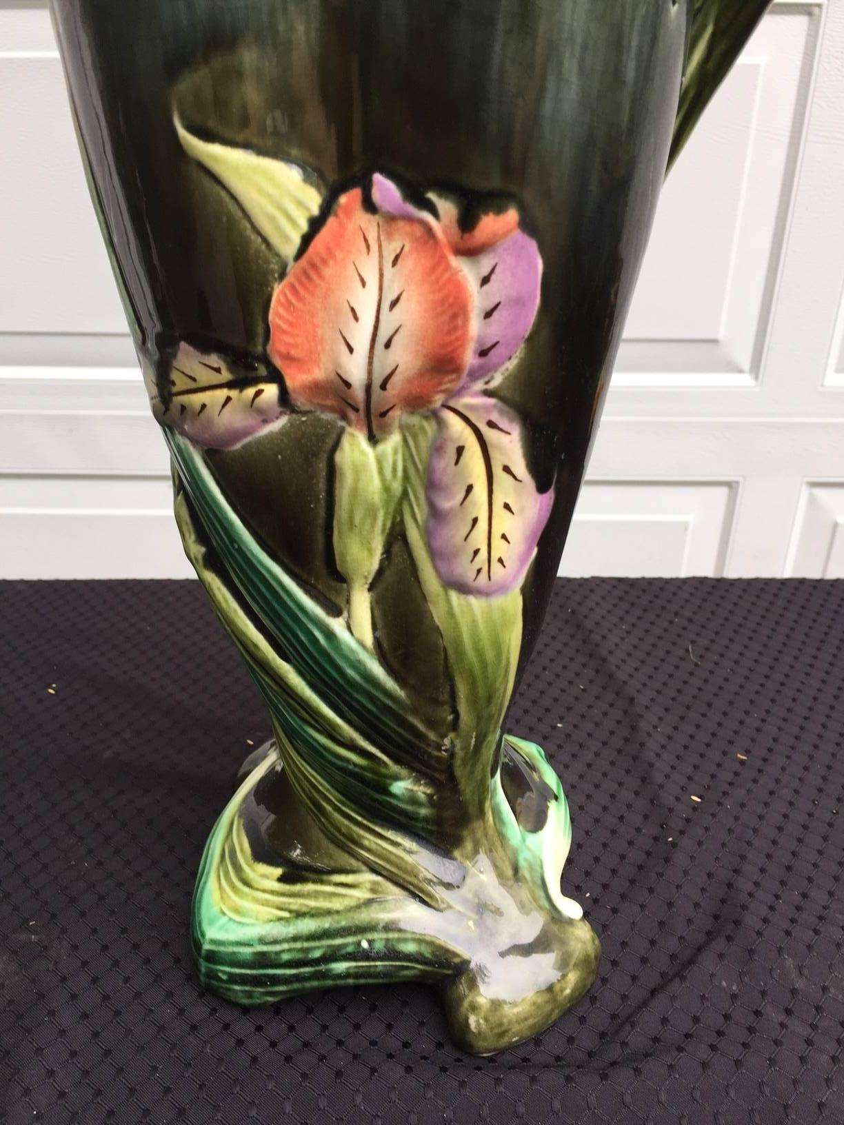 French Pretty Antique Handmade Hand Glazed Ceramic Iris Vase in Green Blue Tones 