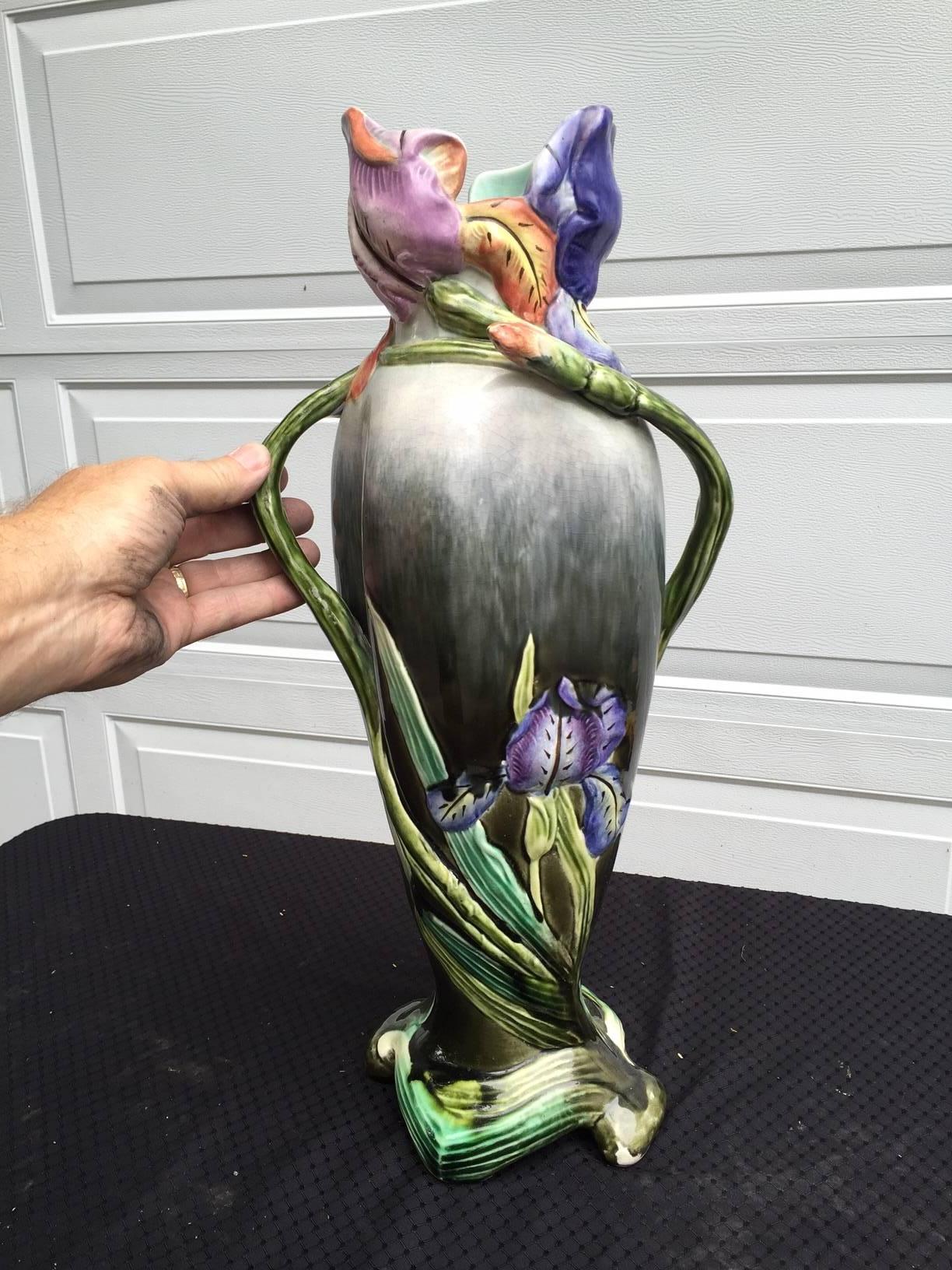 Pretty Antique Handmade Hand Glazed Ceramic Iris Vase in Green Blue Tones  In Good Condition In South Burlington, VT