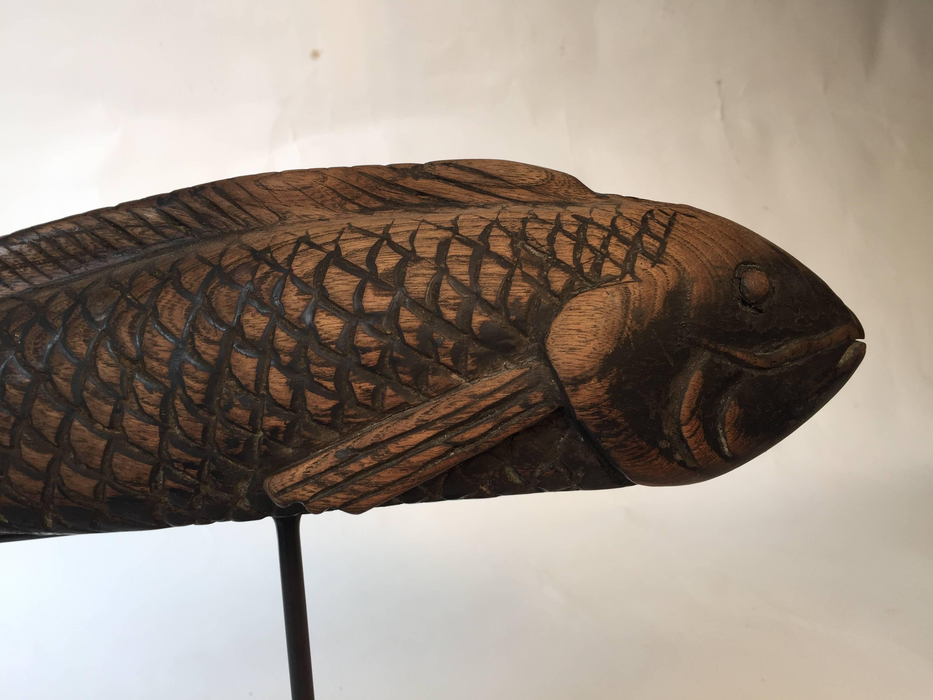 Japanese Hand-Carved Wood KOI Good Fortune Fish Sculpture, 19thc FREE SHIP In Good Condition In South Burlington, VT