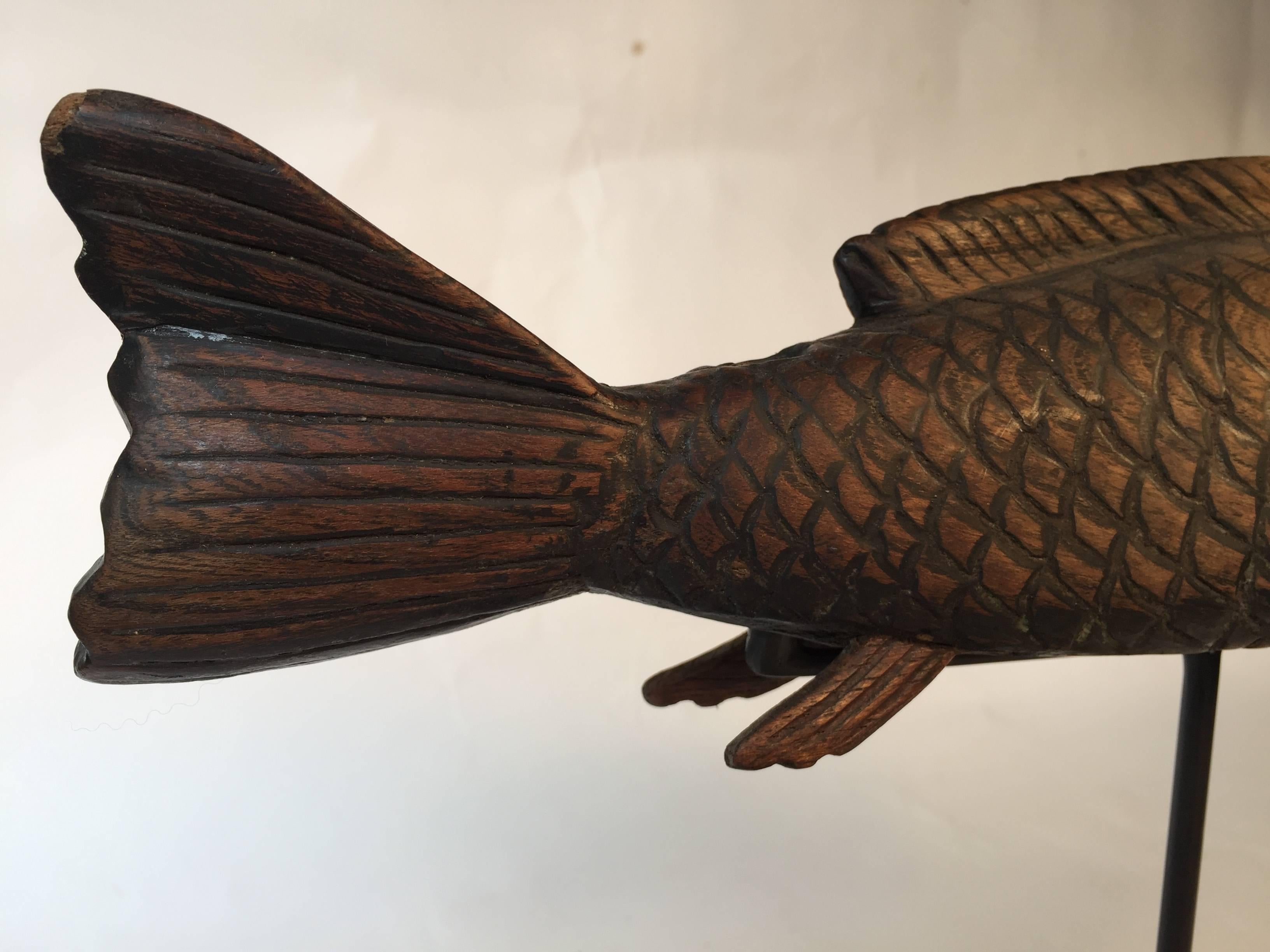 19th Century Japanese Hand-Carved Wood KOI Good Fortune Fish Sculpture, 19thc FREE SHIP