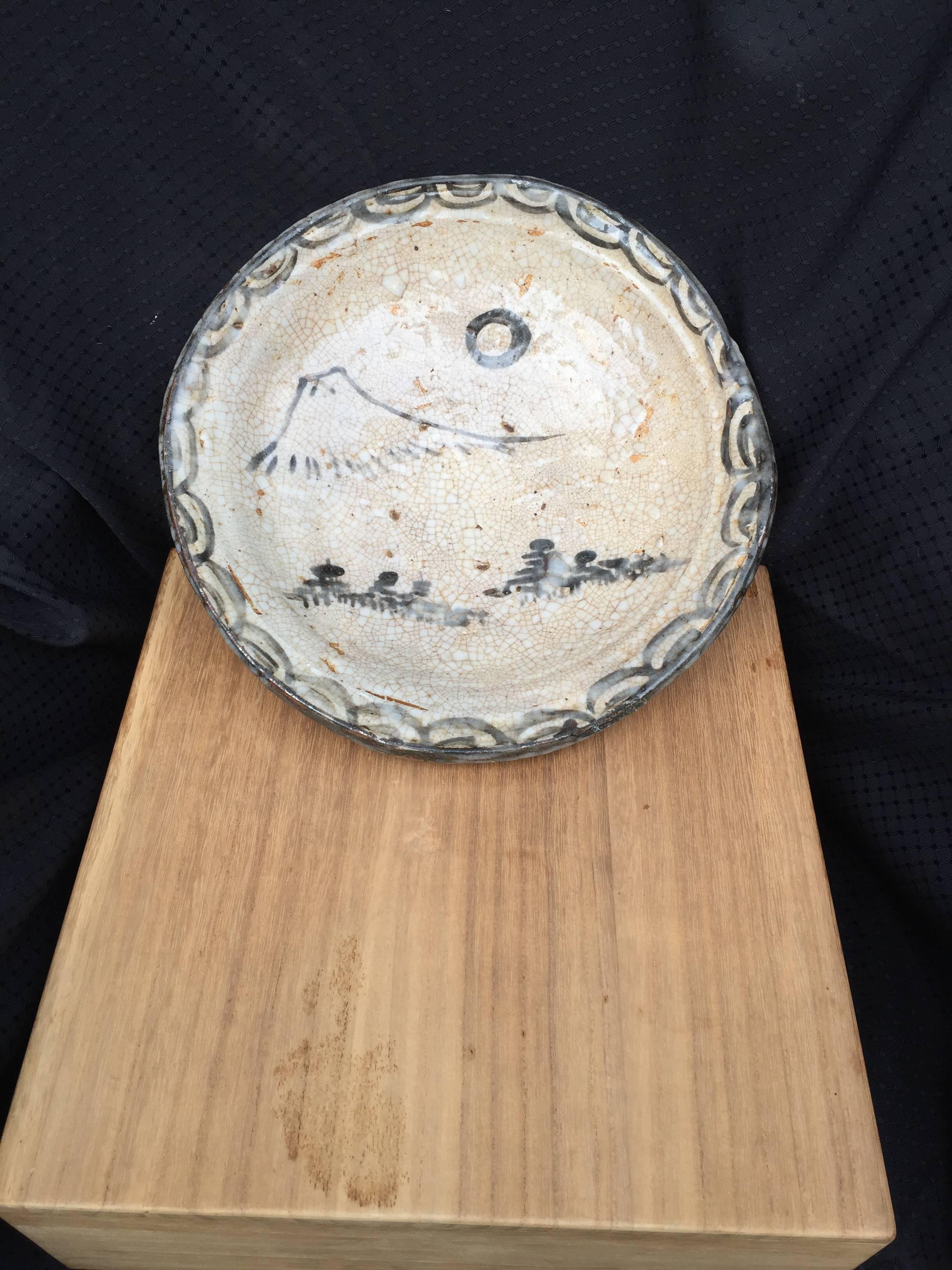  Japanese Antique Hand glazed Mount Fuji Moon Platter Mint, Signed & Boxed 1
