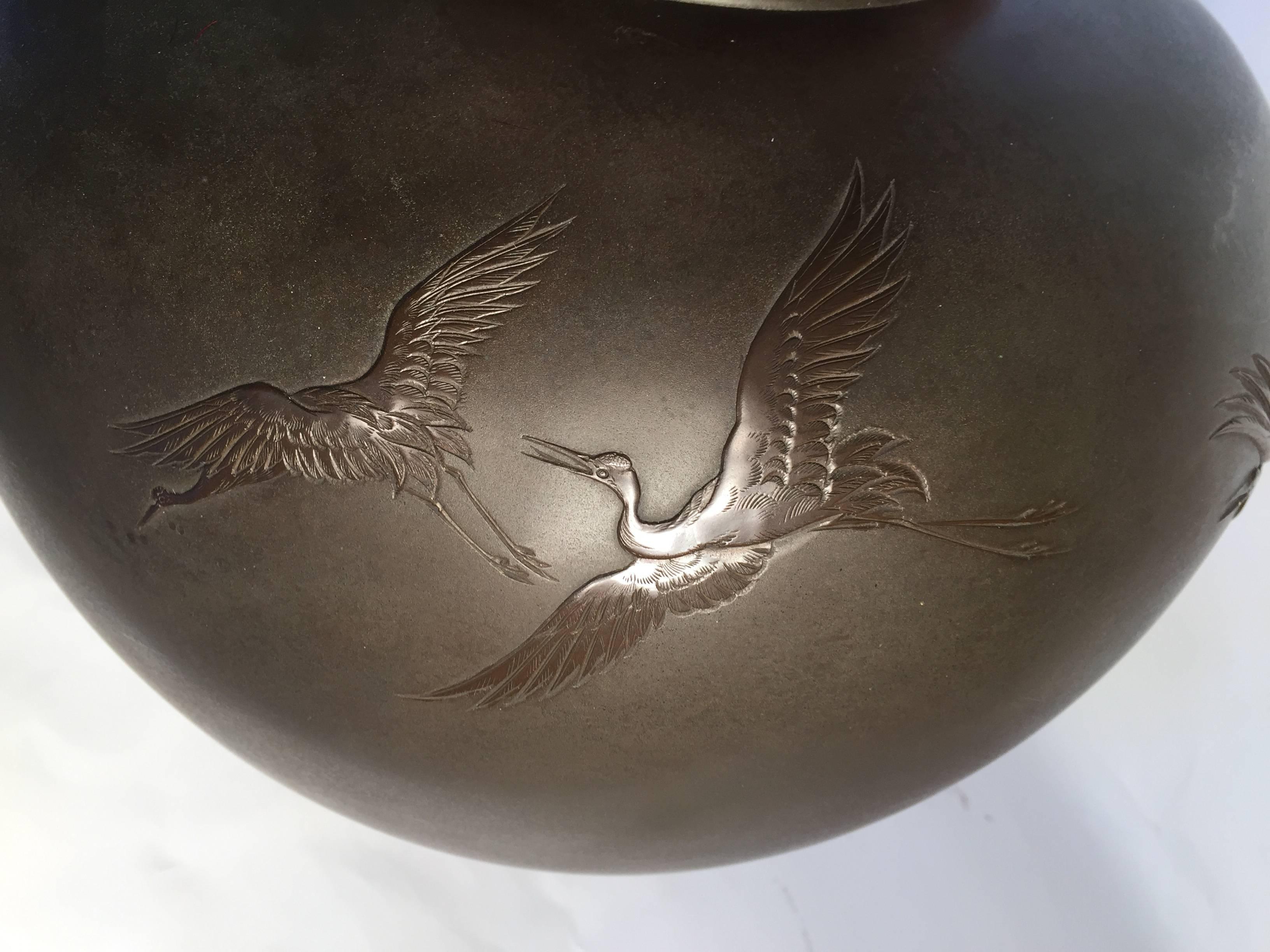 Showa Japanese Monumental Antique Hand cast Bronze “Flying Cranes” Studio Vase