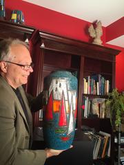 Early contemporary Hand made, hand glazed SAILBOATS  Vase Red, Blue White,