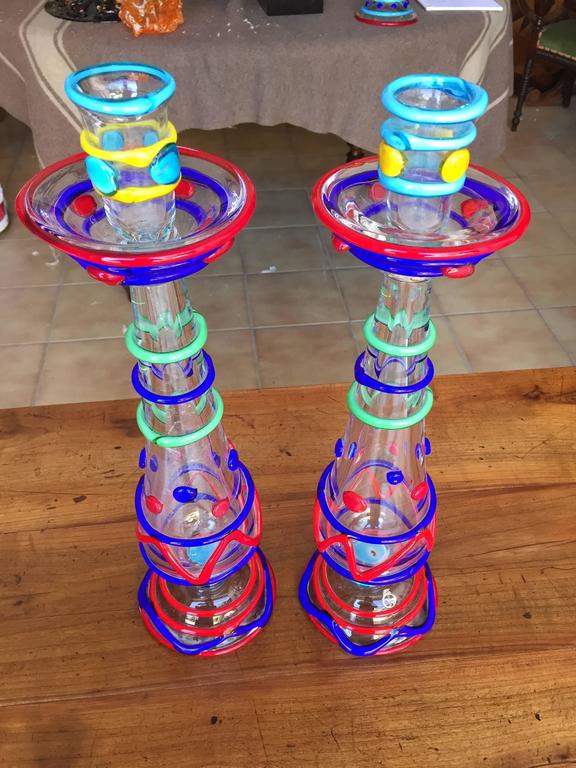 Tall Pair Masterwork Hand Blown Colorful Glass Candle holders, 18" Ferro 1950 at 1stDibs