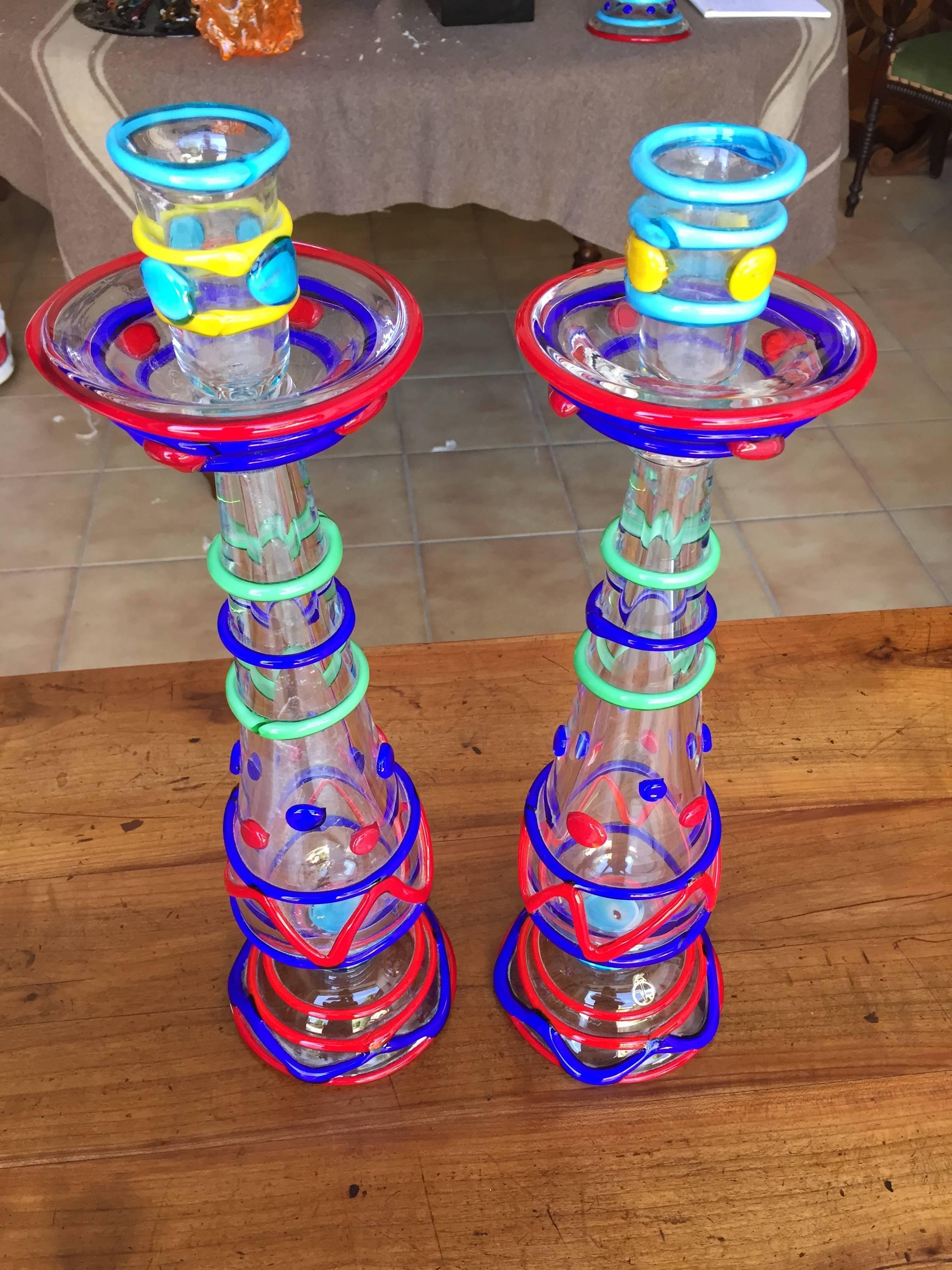 Mid-Century Modern Tall Pair Masterwork Hand Blown Colorful Glass Candle holders, 18
