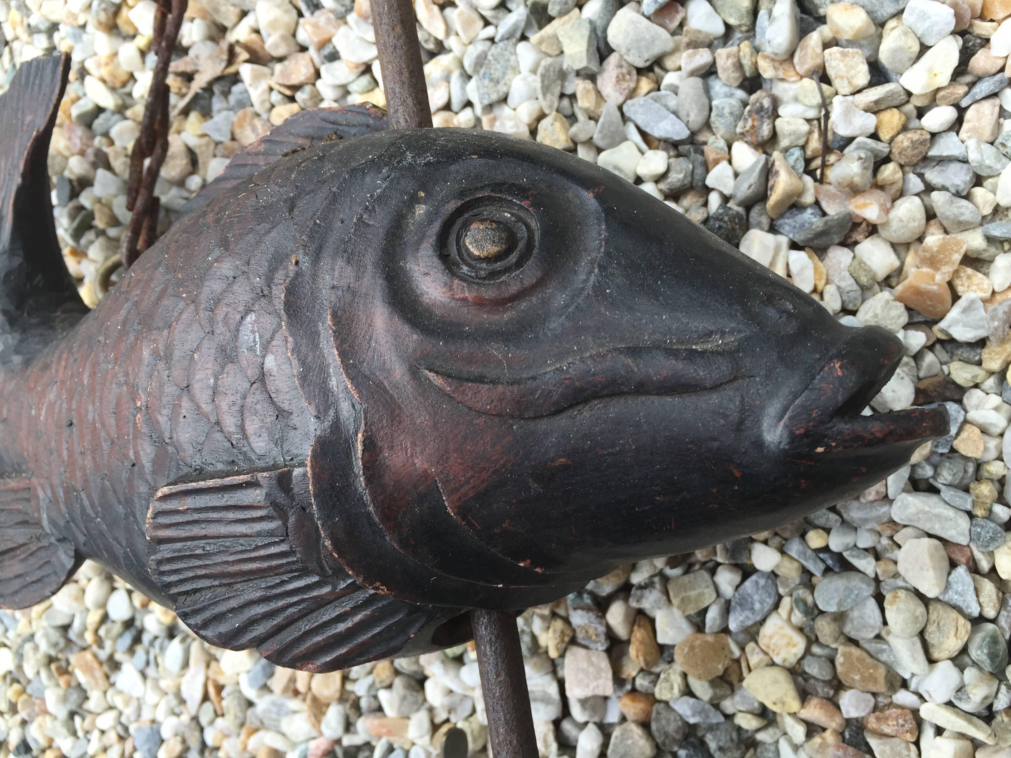 Meiji Japan Antique Hand Carved Hand forged KOI Planter Hook Prosperity Fish 1890