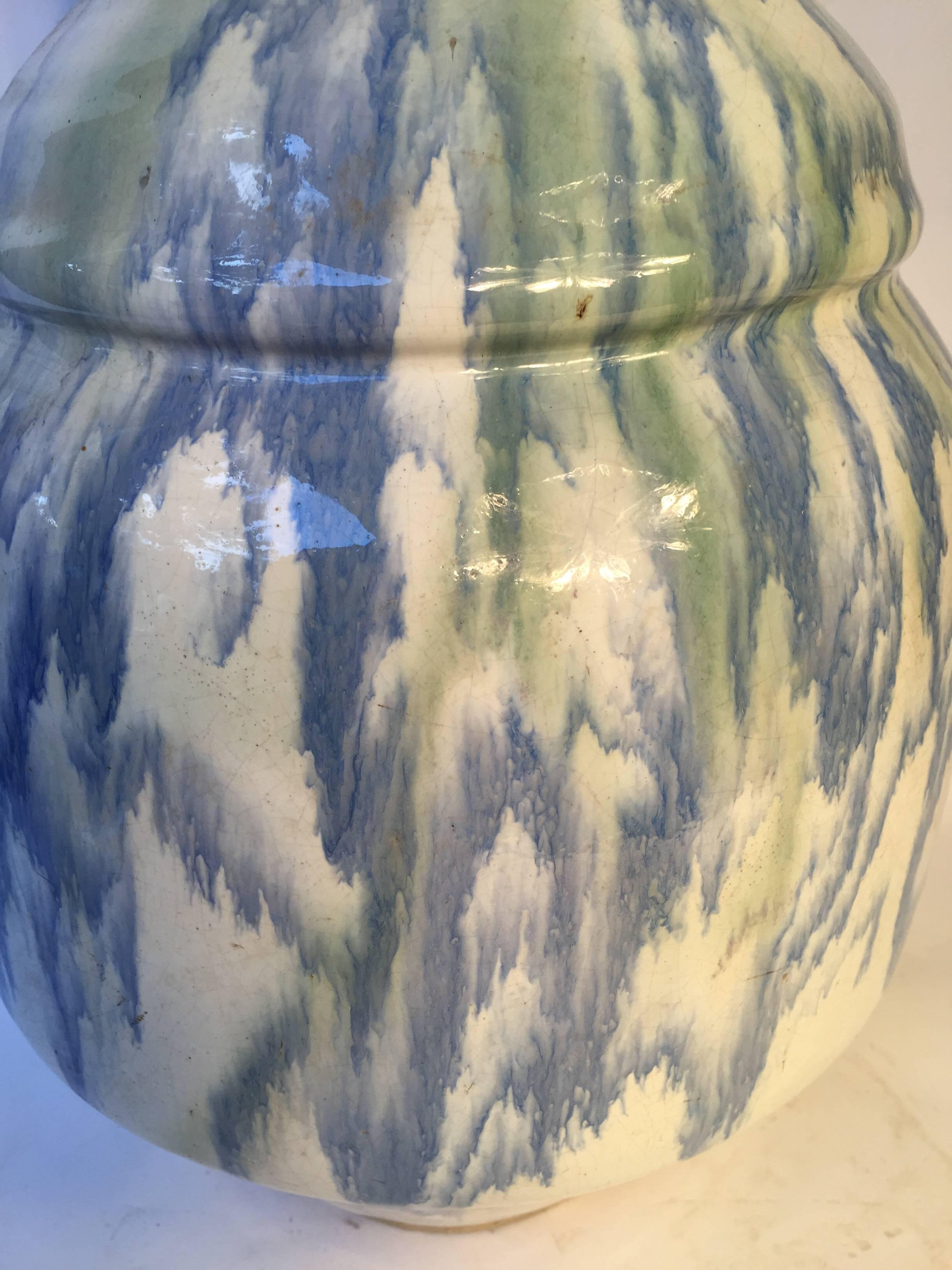 Meiji Japan Fine Large Antique Dreamy Blue Glazed Ceramic Vessel Signed